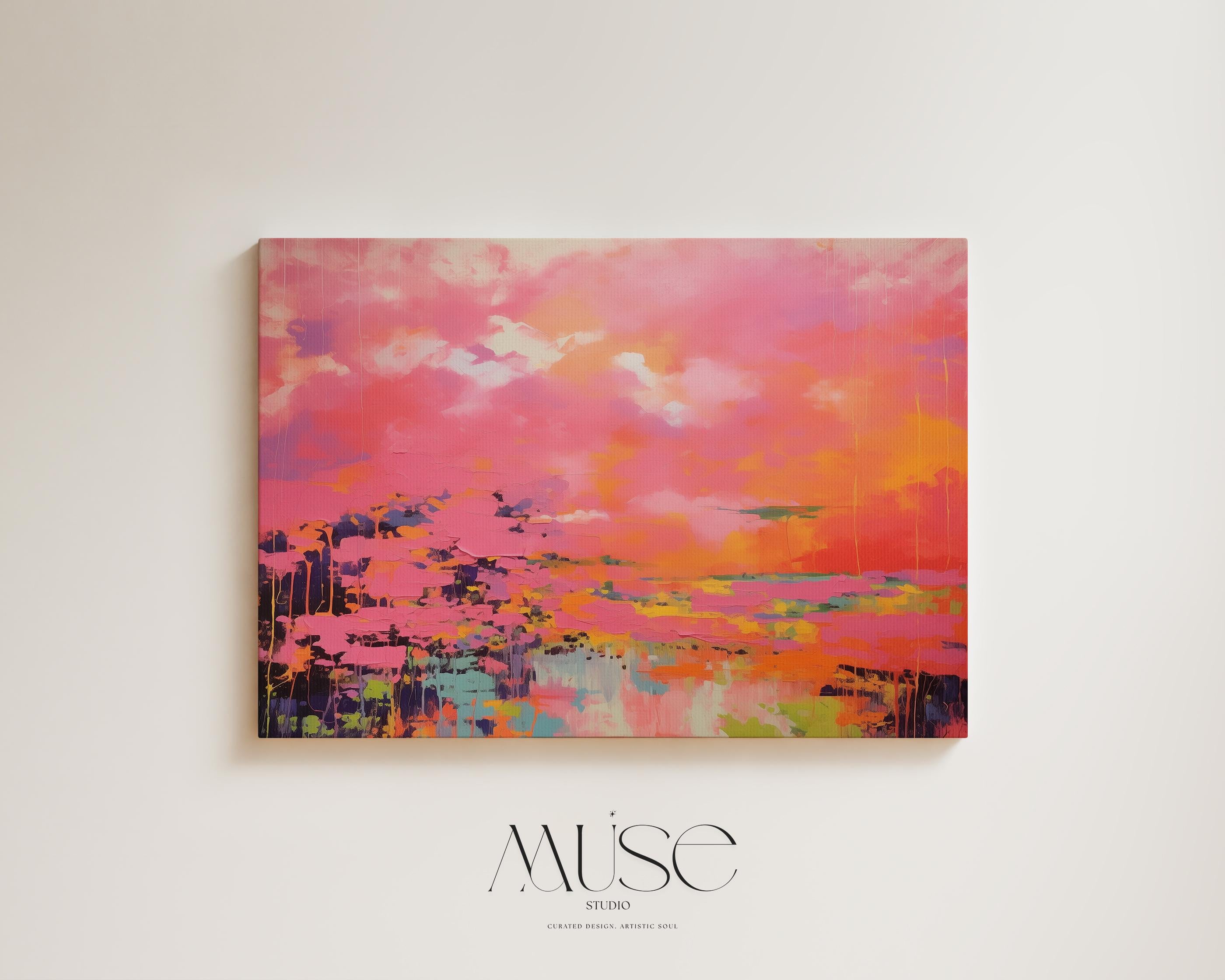 Bright Pink and Orange Abstract Wall Art, Horizontal Framed Canvas for Living Room or Office, Summer Preppy Statement Decor Art 313