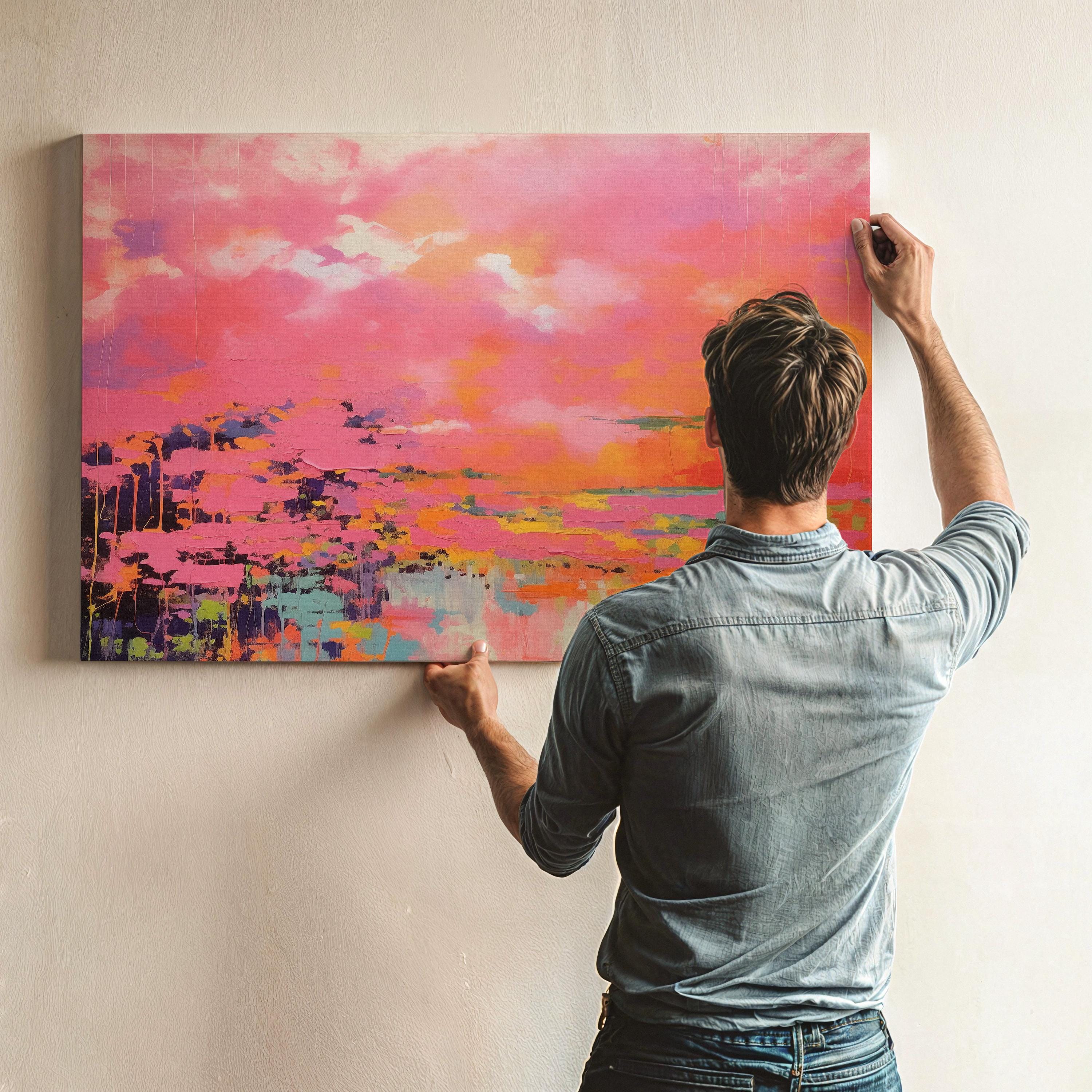 Bright Pink and Orange Abstract Wall Art, Horizontal Framed Canvas for Living Room or Office, Summer Preppy Statement Decor Art 313