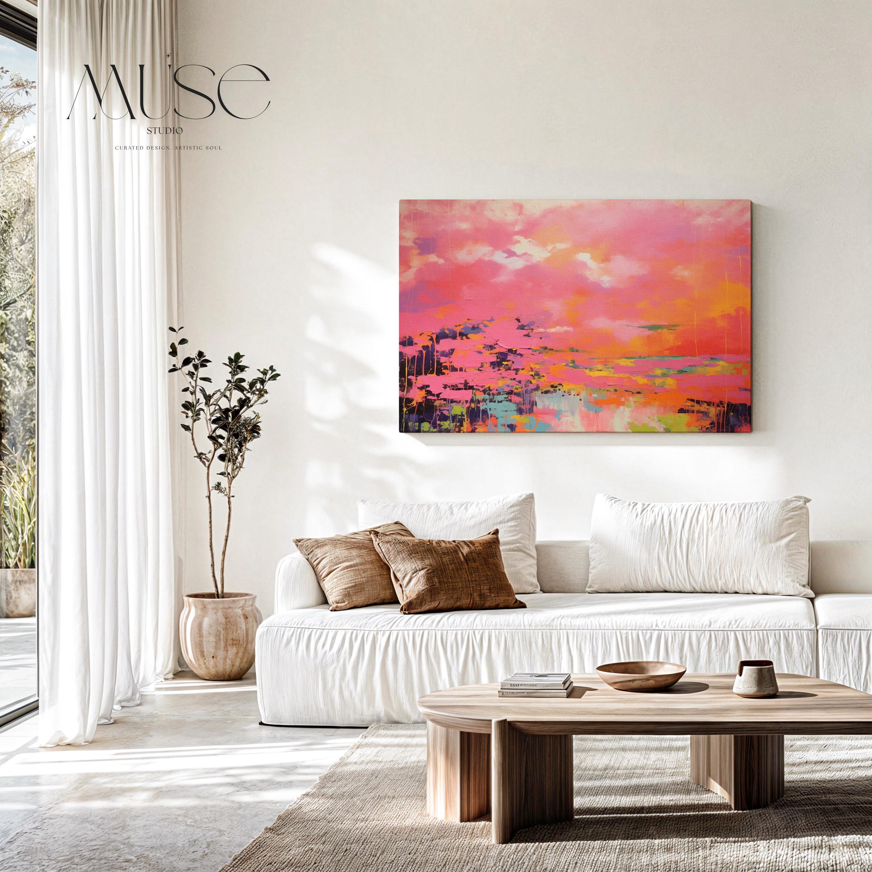 Bright Pink and Orange Abstract Wall Art, Horizontal Framed Canvas for Living Room or Office, Summer Preppy Statement Decor Art 313