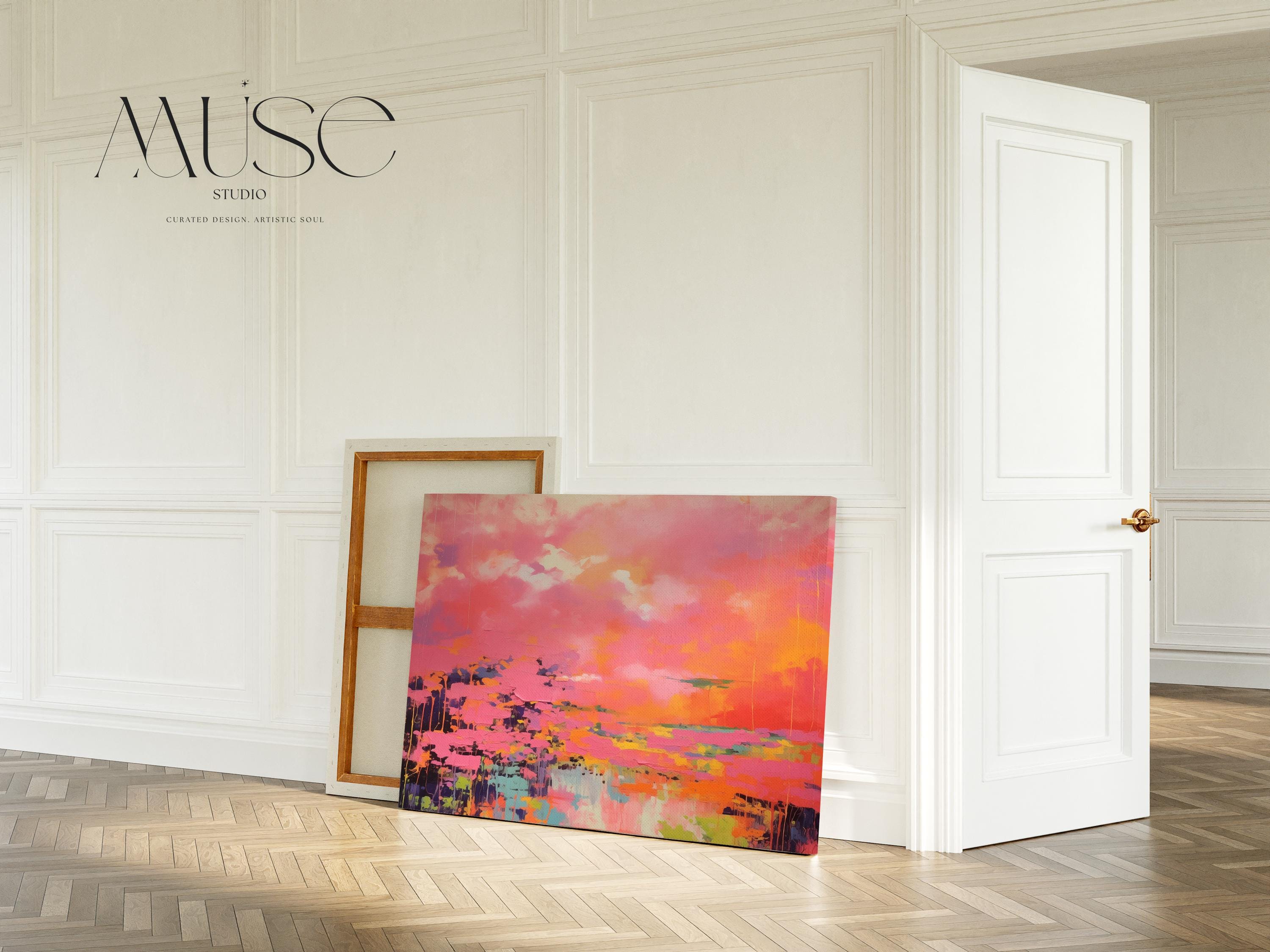 Bright Pink and Orange Abstract Wall Art, Horizontal Framed Canvas for Living Room or Office, Summer Preppy Statement Decor Art 313