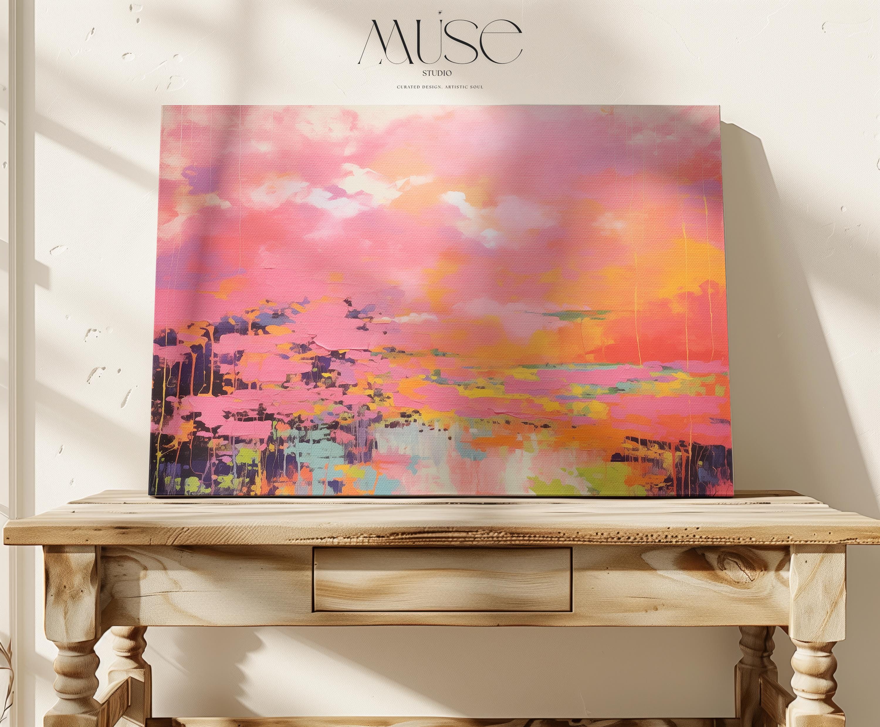 Bright Pink and Orange Abstract Wall Art, Horizontal Framed Canvas for Living Room or Office, Summer Preppy Statement Decor Art 313