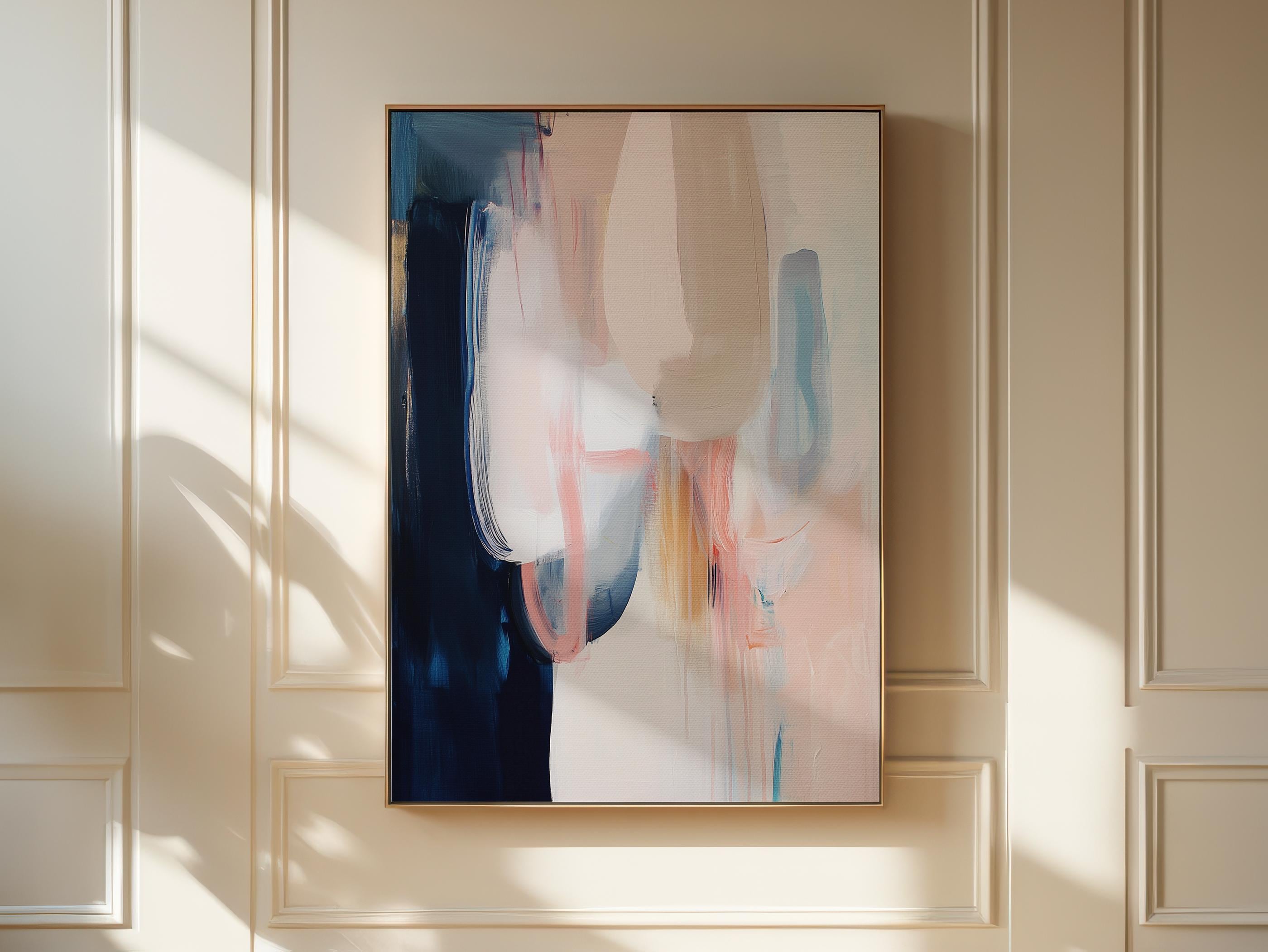 Vertical Framed Canvas in Warm Neutral Tones, Modern Abstract Wall Art for Bedroom or Office, Soft Blush Navy Minimalist Decor 439