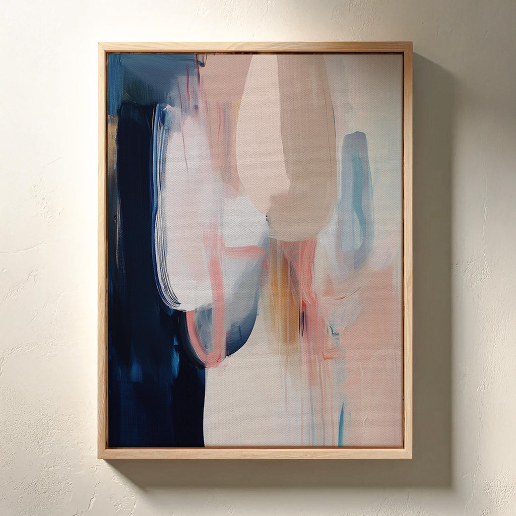 Vertical Framed Canvas in Warm Neutral Tones, Modern Abstract Wall Art for Bedroom or Office, Soft Blush Navy Minimalist Decor 439 Framed Canvas Art Colorful abstract wall art on framed canvas, perfect for bold decor art and modern wall decor. Large statement piece with expressive brushstrokes and rich textures. Ready-to-hang giclée canvas designed to energize living rooms, offices, and curated interiors. Muse Studio Decor Art.