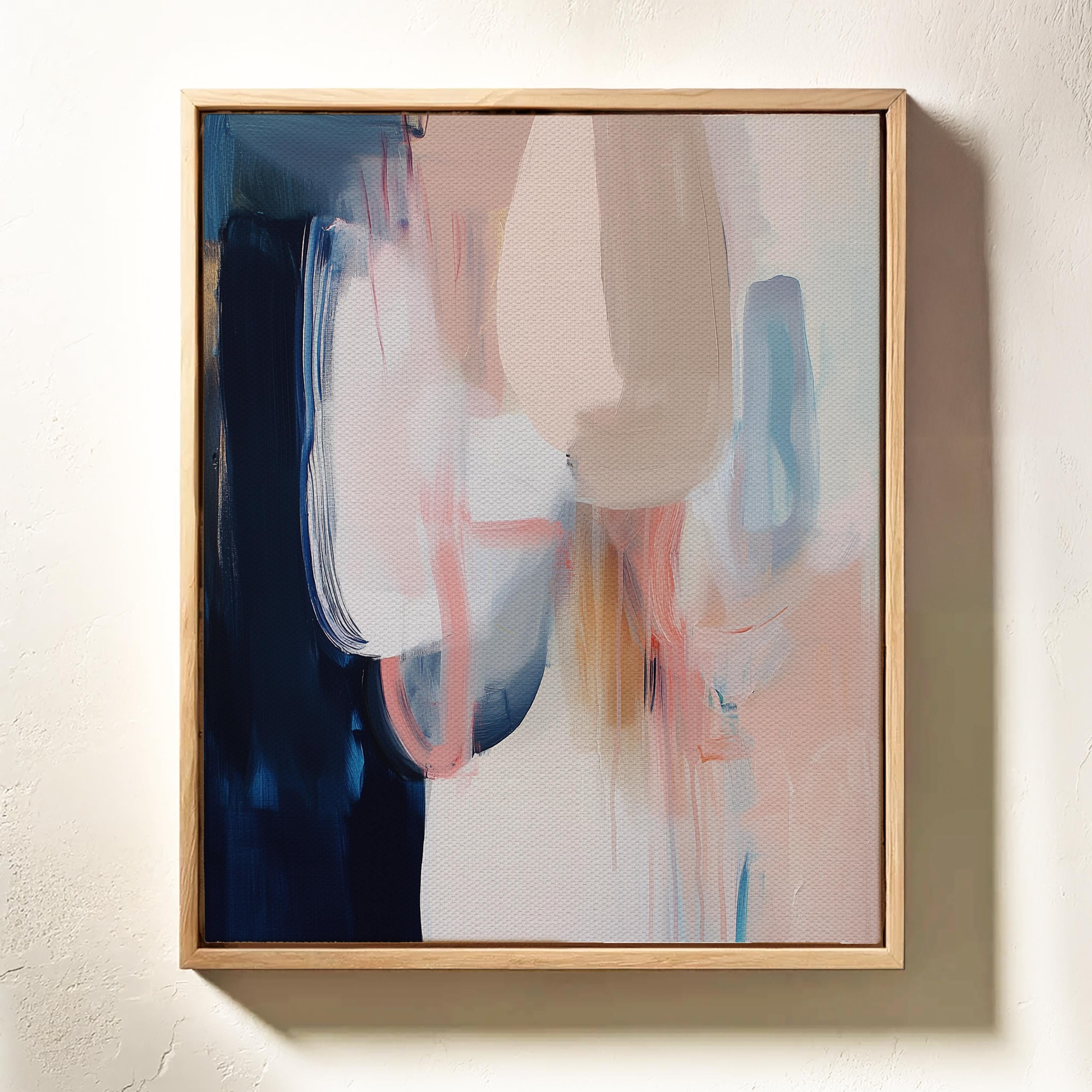 Vertical Framed Canvas in Warm Neutral Tones, Modern Abstract Wall Art for Bedroom or Office, Soft Blush Navy Minimalist Decor 439