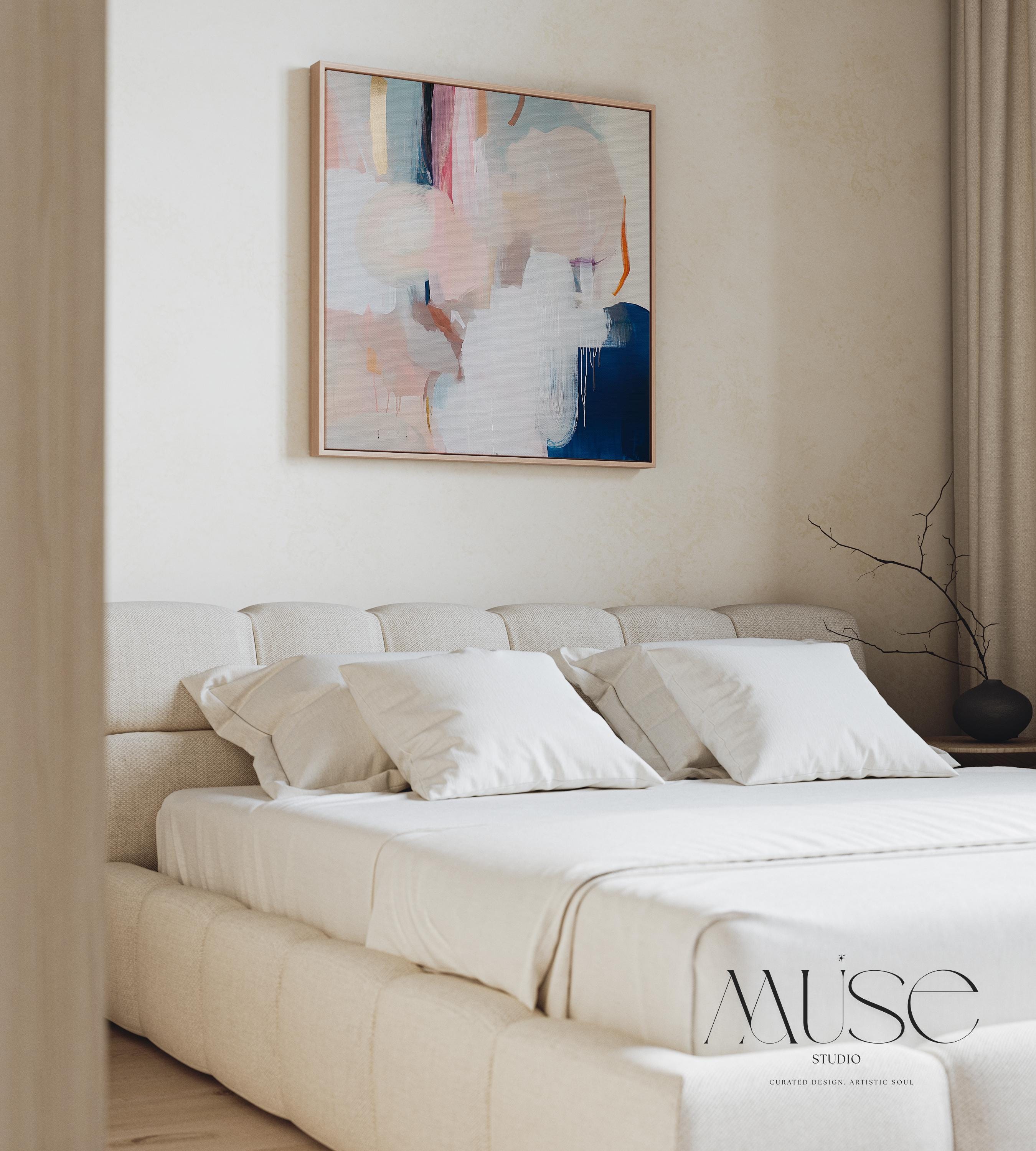 Oversized Square Framed Canvas in Warm Muted Neutrals, Abstract Art for Living Room or Bedroom, Blush Navy Soft Modern Decor Wall Art 441