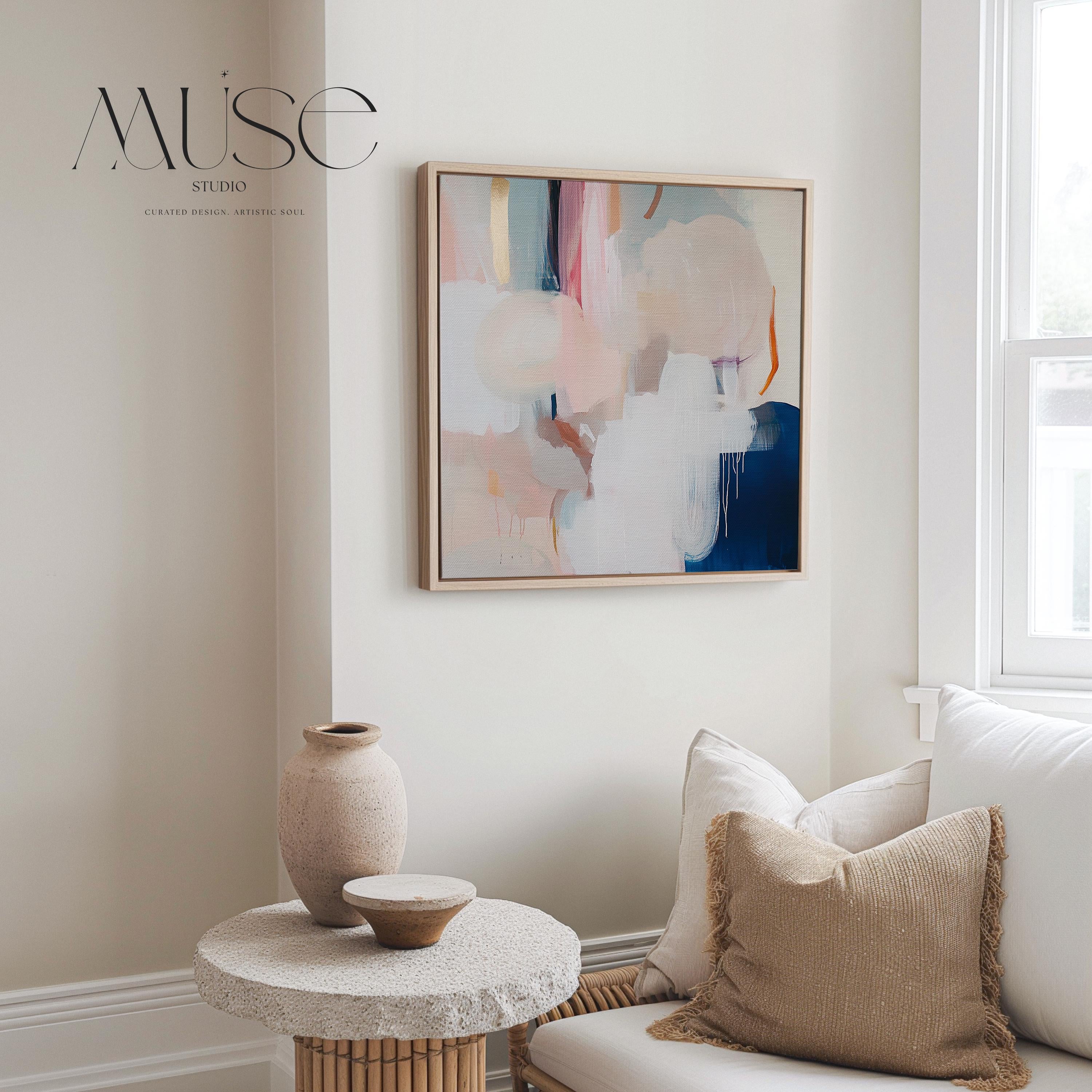 Oversized Square Framed Canvas in Warm Muted Neutrals, Abstract Art for Living Room or Bedroom, Blush Navy Soft Modern Decor Wall Art 441