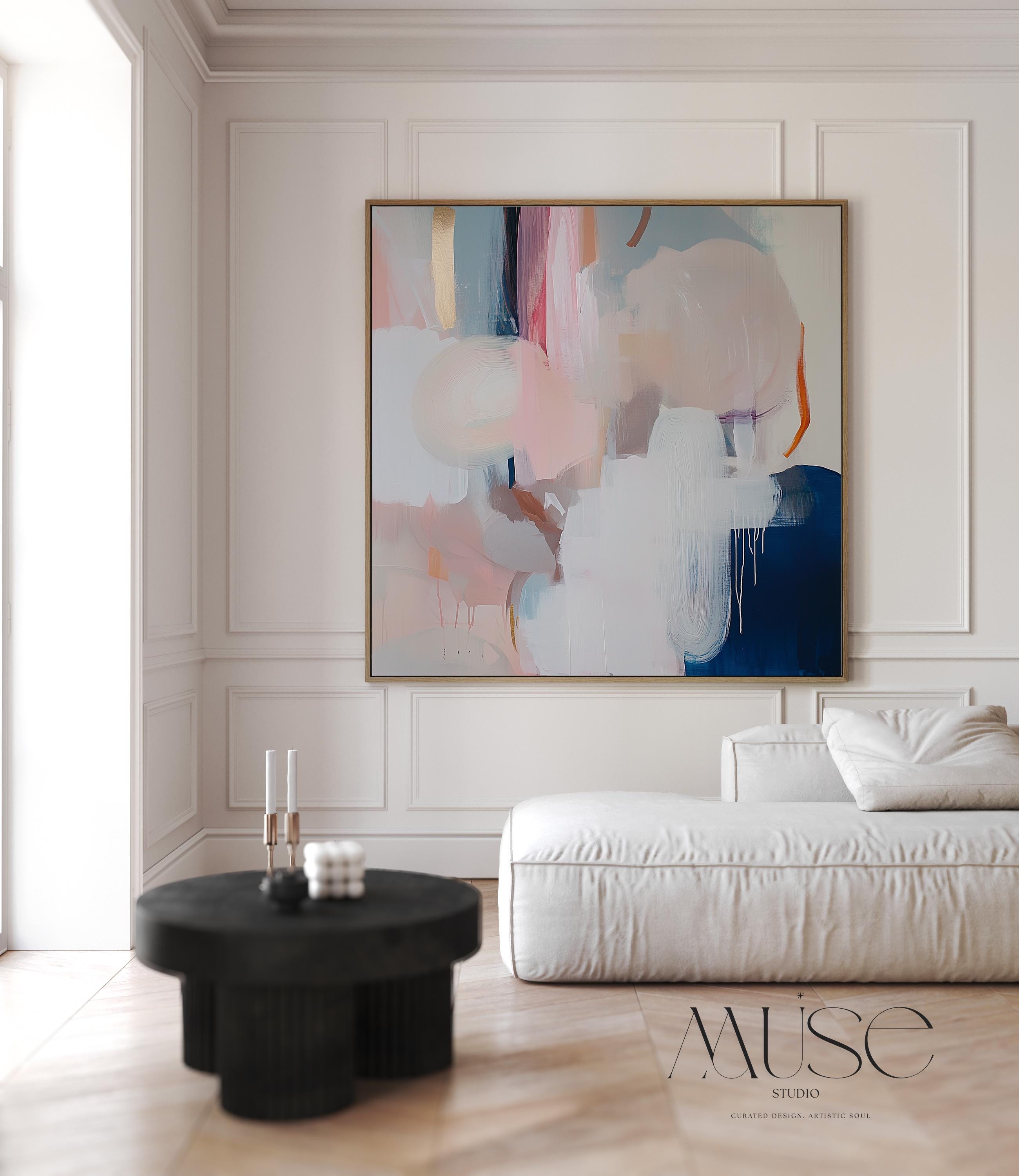 Oversized Square Framed Canvas in Warm Muted Neutrals, Abstract Art for Living Room or Bedroom, Blush Navy Soft Modern Decor Wall Art 441