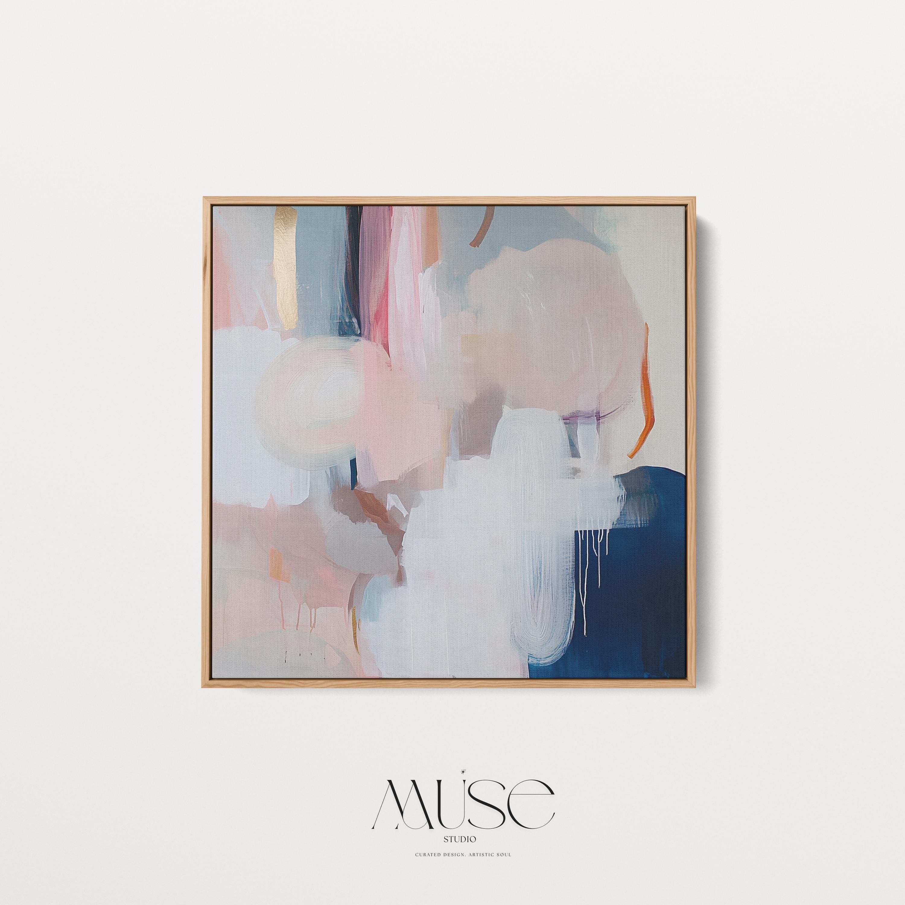 Oversized Square Framed Canvas in Warm Muted Neutrals, Abstract Art for Living Room or Bedroom, Blush Navy Soft Modern Decor Wall Art 441