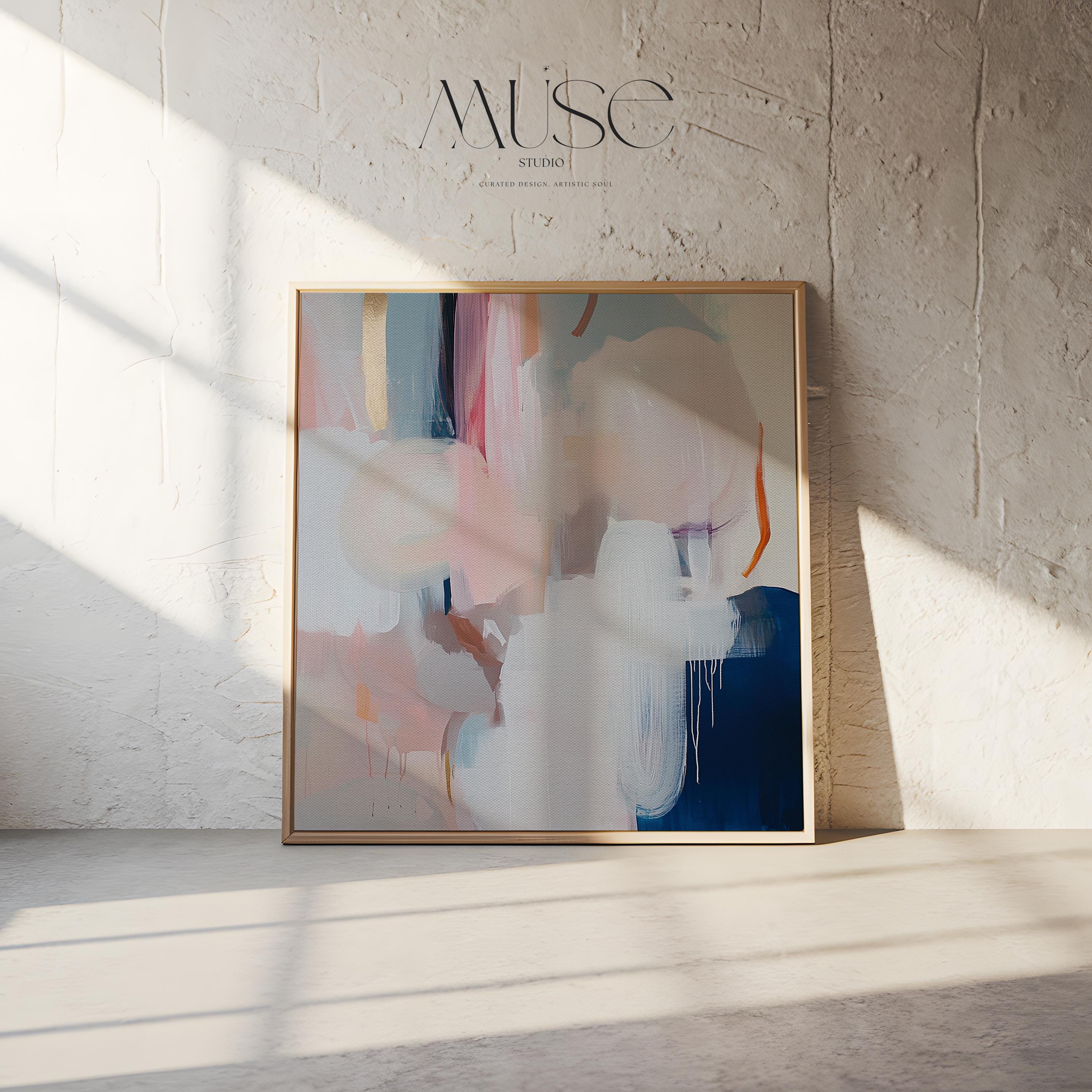Oversized Square Framed Canvas in Warm Muted Neutrals, Abstract Art for Living Room or Bedroom, Blush Navy Soft Modern Decor Wall Art 441