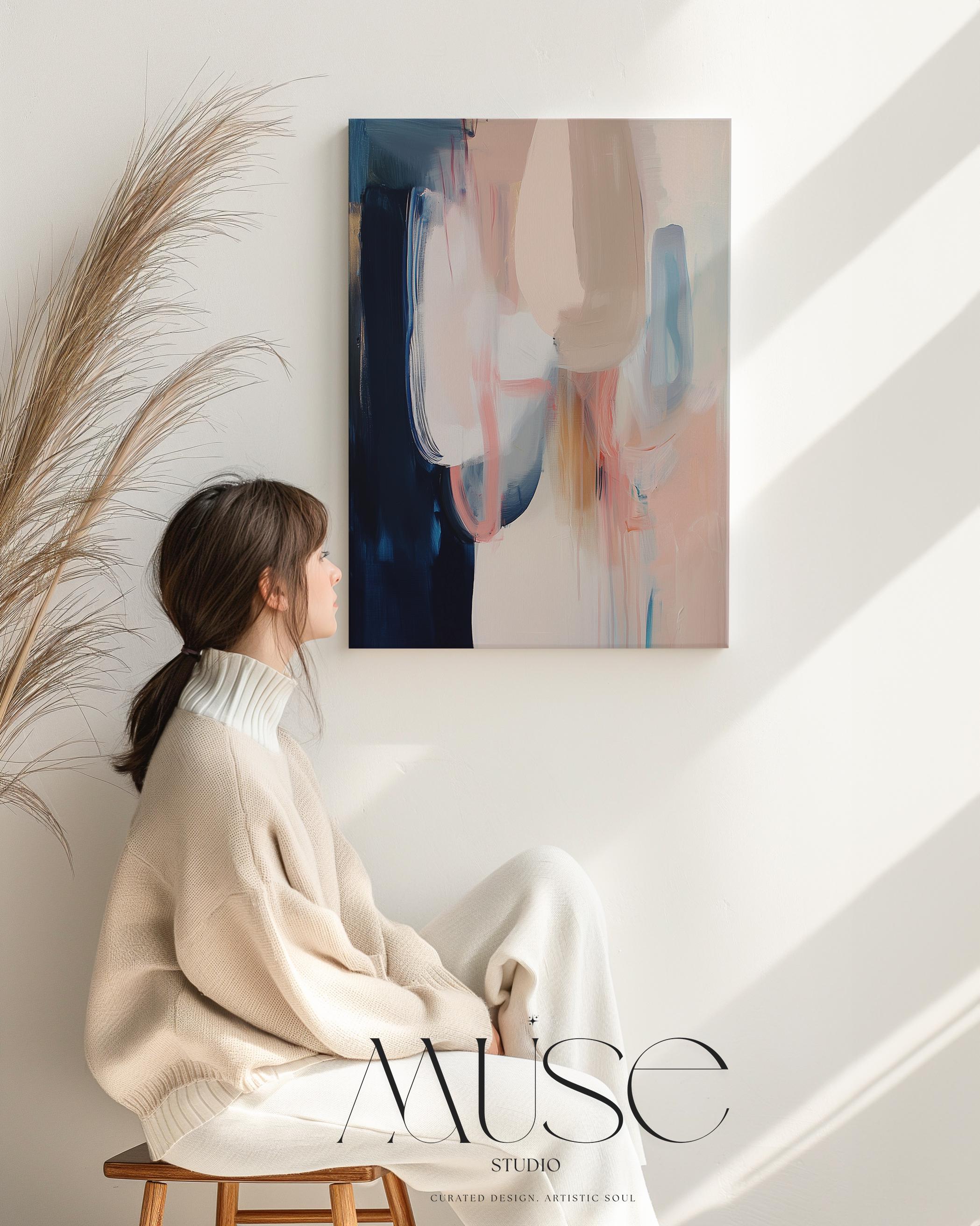 Warm Neutral Vertical Canvas Wall Art in Navy and Blush, Framed Abstract Decor for Bedroom or Office, Soft Contemporary Artwork 439 wall art prints, living room decor, abstract painting, abstract art, modern wall art, modern art, living room art, abstract wall art, canvas wall art, wall art, abstract print, colorful wall art