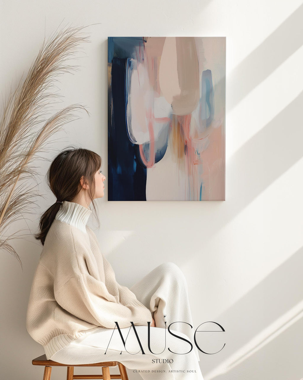 Warm Neutral Vertical Canvas Wall Art in Navy and Blush, Framed Abstract Decor for Bedroom or Office, Soft Contemporary Artwork 439 wall art prints, living room decor, abstract painting, abstract art, modern wall art, modern art, living room art, abstract wall art, canvas wall art, wall art, abstract print, colorful wall art