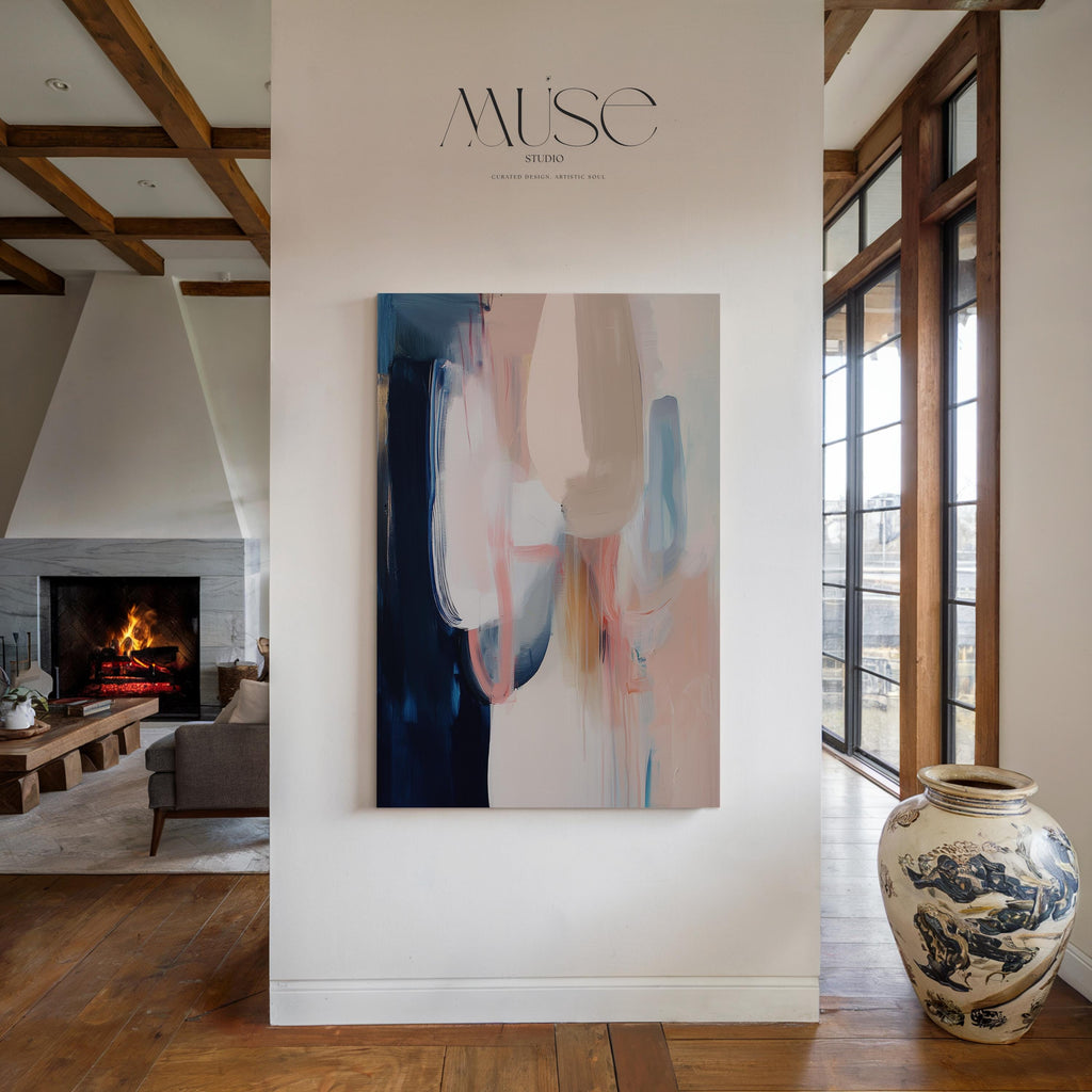 Warm Neutral Vertical Canvas Wall Art in Navy and Blush, Framed Abstract Decor for Bedroom or Office, Soft Contemporary Artwork 439 wall art prints, living room decor, abstract painting, abstract art, modern wall art, modern art, living room art, abstract wall art, canvas wall art, wall art, abstract print, colorful wall art