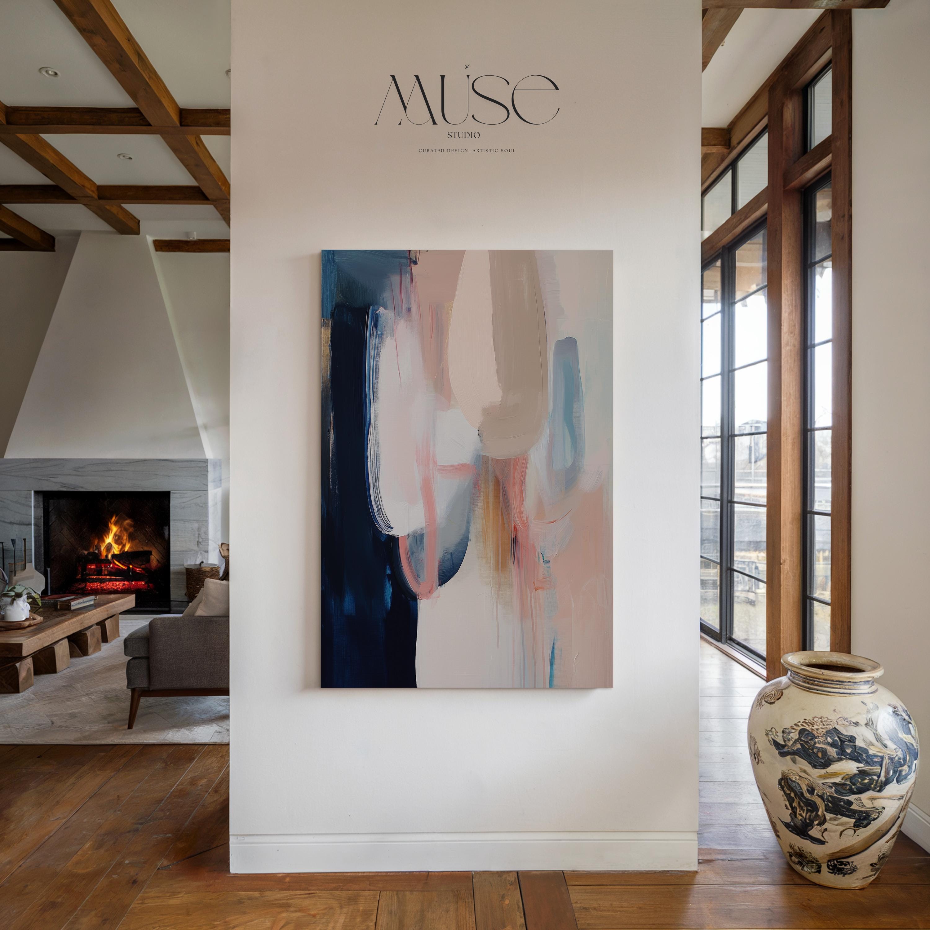 Warm Neutral Vertical Canvas Wall Art in Navy and Blush, Framed Abstract Decor for Bedroom or Office, Soft Contemporary Artwork 439 wall art prints, living room decor, abstract painting, abstract art, modern wall art, modern art, living room art, abstract wall art, canvas wall art, wall art, abstract print, colorful wall art
