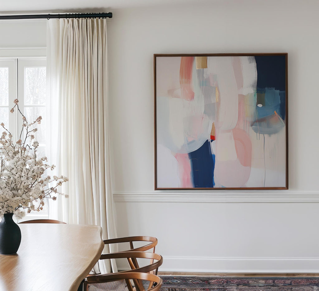 Muted Blush Navy Abstract Wall Art, Warm Neutral Framed Canvas, Minimal Modern Office Decor 438