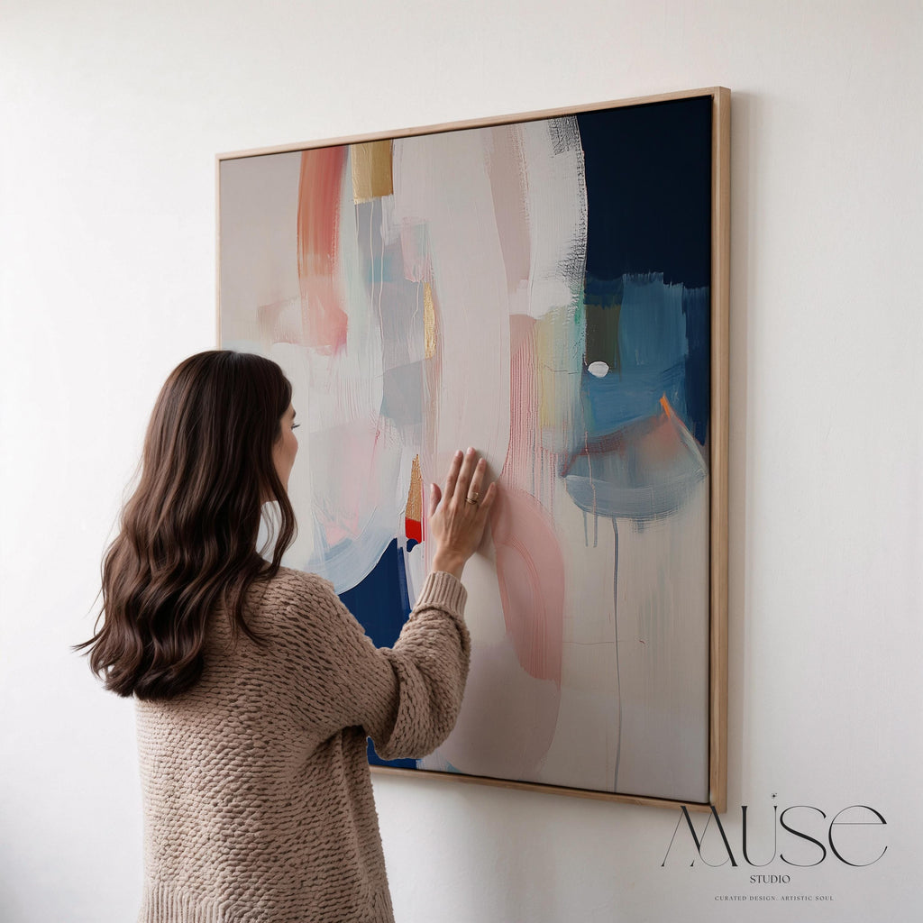 Muted Blush Navy Abstract Wall Art, Warm Neutral Framed Canvas, Minimal Modern Office Decor 438