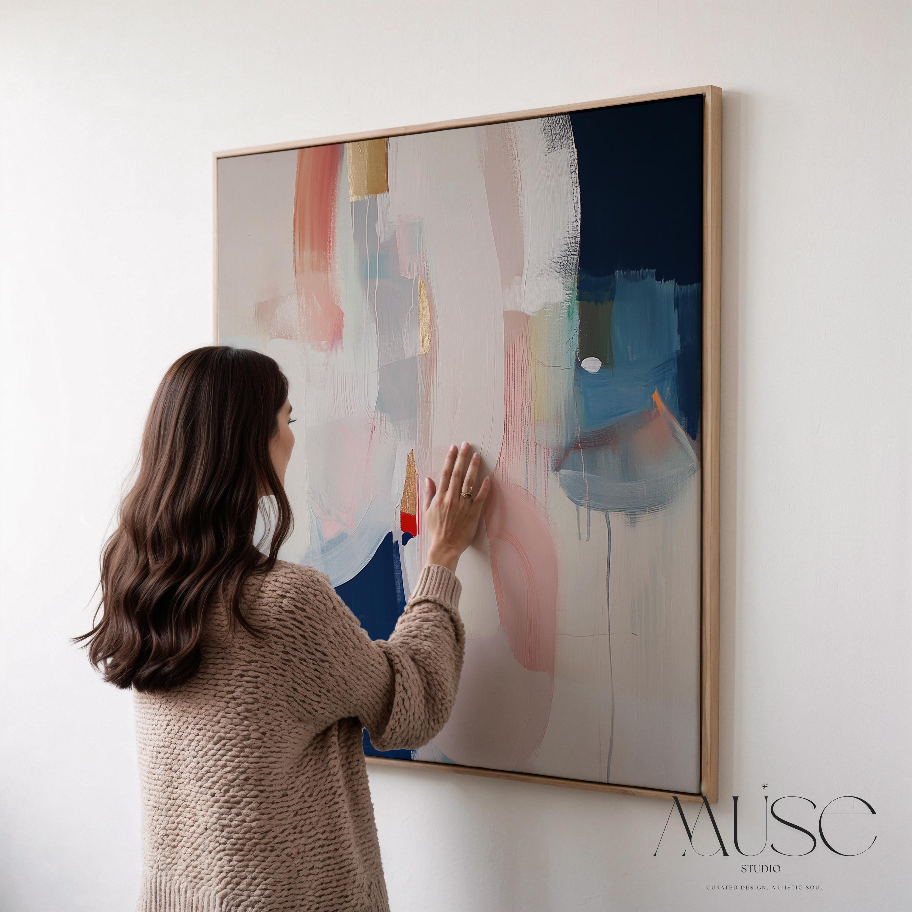 Muted Blush Navy Abstract Wall Art, Warm Neutral Framed Canvas, Minimal Modern Office Decor 438