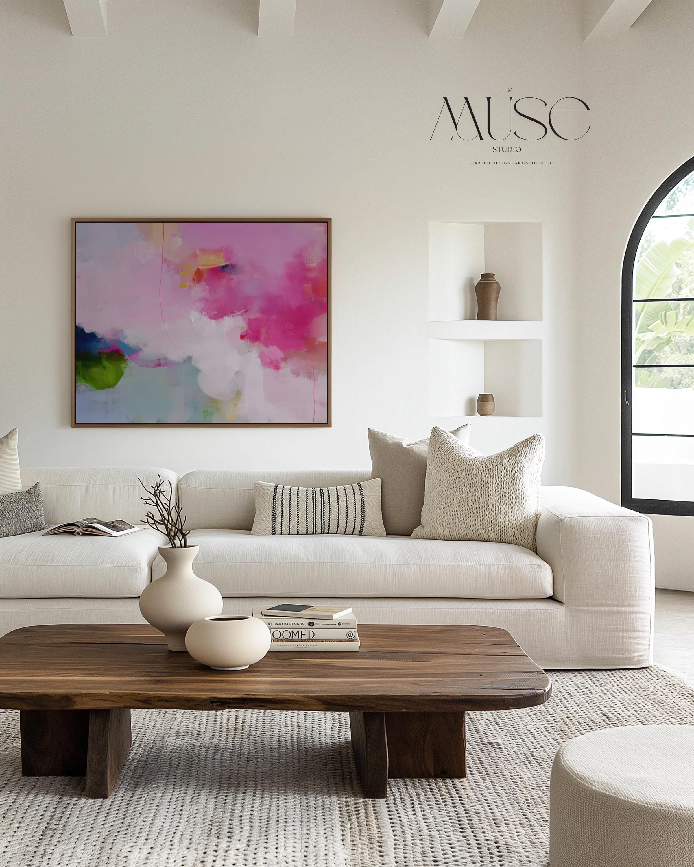Framed Abstract Wall Art Horizontal Pink Green Canvas Painting Colorful Modern Decor for Living Room or Office 424 Colorful abstract wall art staged in modern neutral home decor. Large statement art print displayed in living room, bedroom, or office space. Vibrant canvas or giclée print adds bold style to contemporary interiors, perfect for home decor, office staging, and design projects
