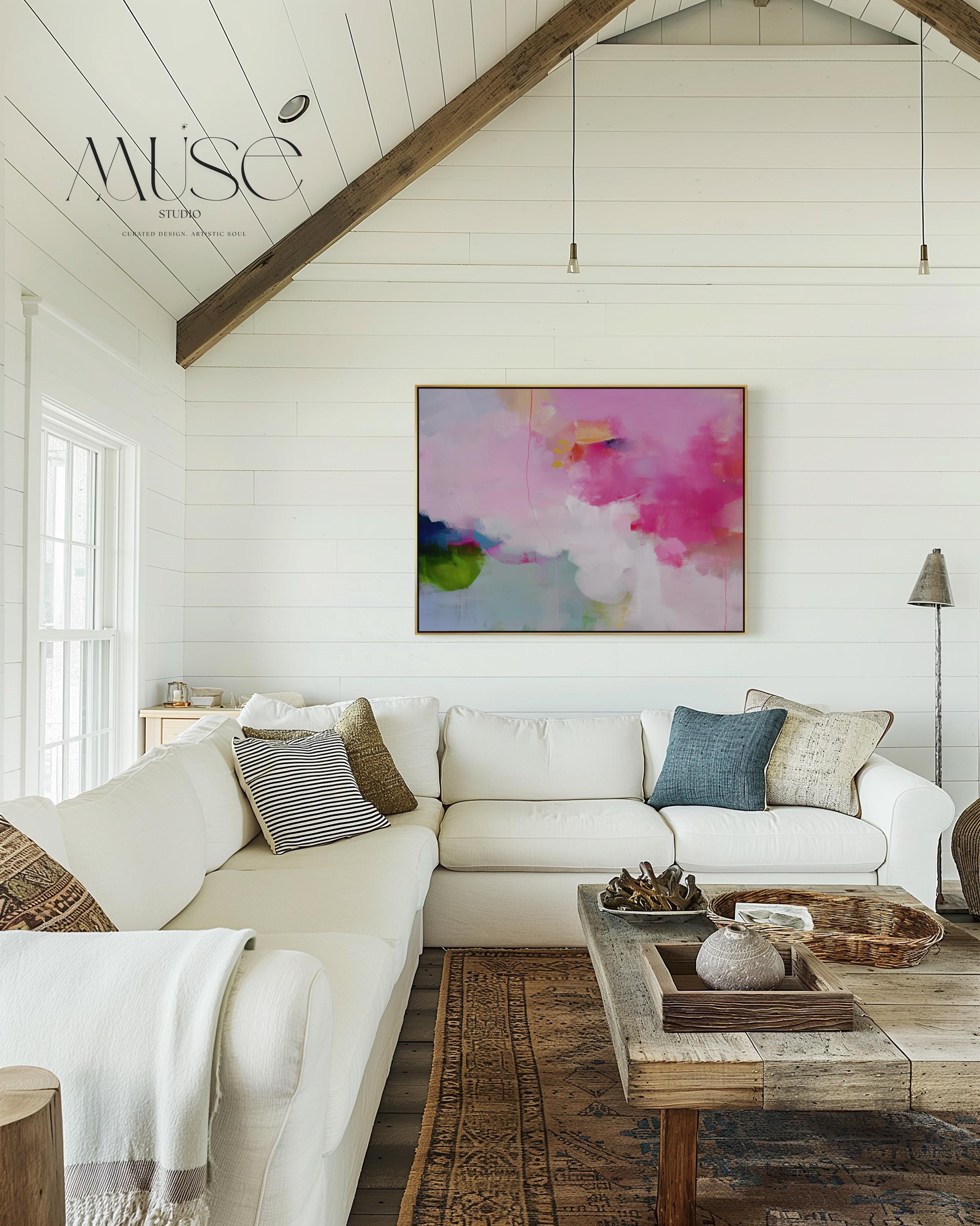 Colorful abstract wall art staged in modern neutral home decor. Large statement art print displayed in living room, bedroom, or office space. Vibrant canvas or giclée print adds bold style to contemporary interiors, perfect for home decor, office staging, and design projects Framed Abstract Wall Art Horizontal Pink Green Canvas Painting Colorful Modern Decor for Living Room or Office 424