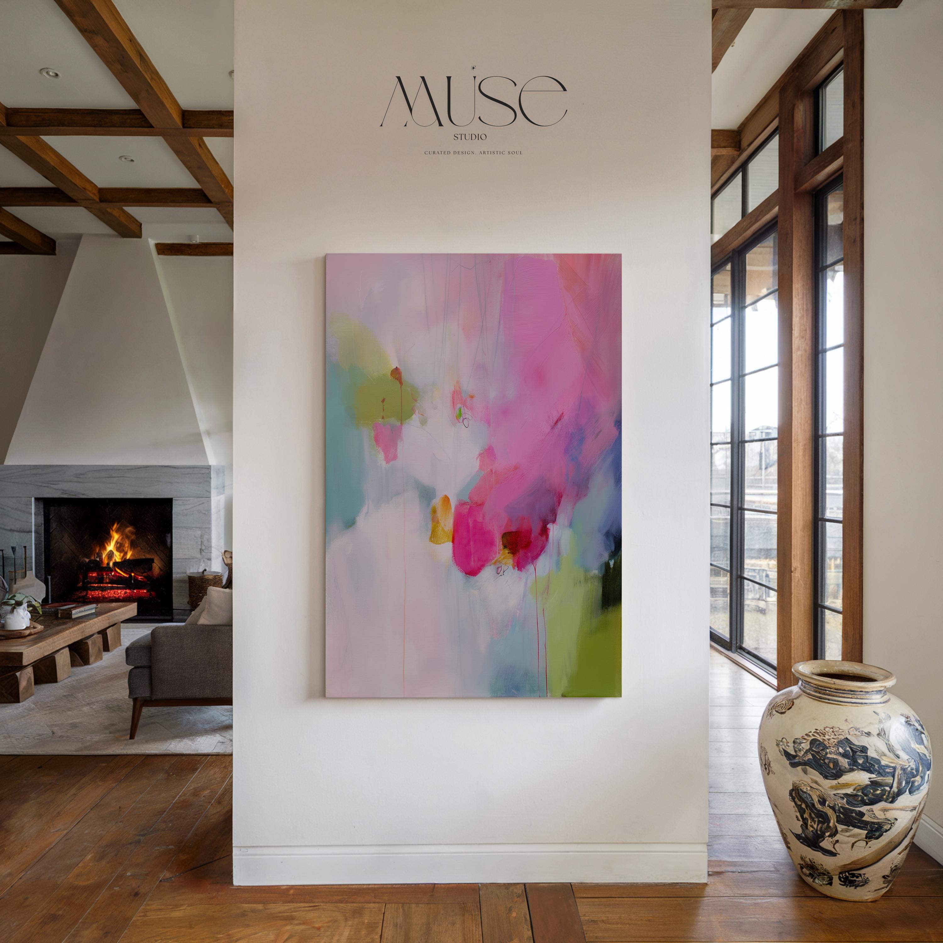 Colorful abstract wall art staged in modern neutral home decor. Large statement art print displayed in living room, bedroom, or office space. Vibrant canvas or giclée print adds bold style to contemporary interiors, perfect for home decor, office staging, and design projects Muted Modern Canvas Art Vertical Abstract Painting in Pink Green Soft Contemporary Wall Decor for Bedroom or Office | 425