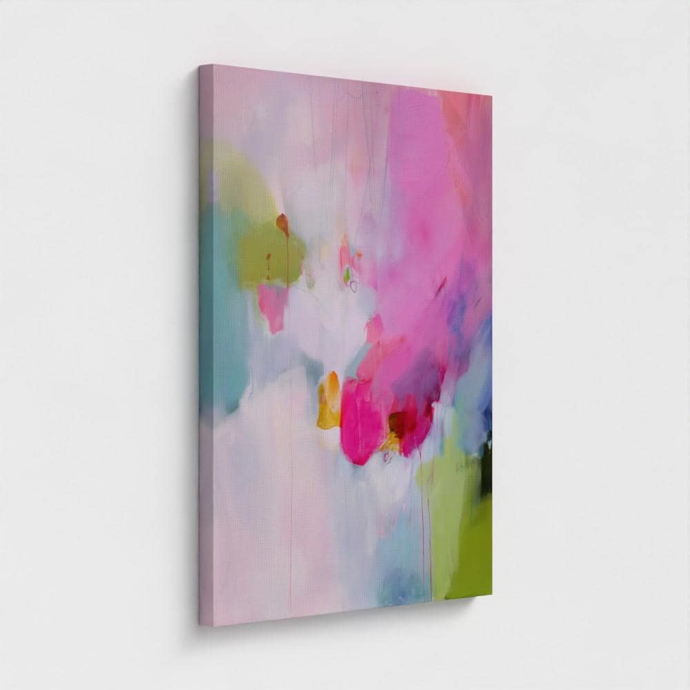 Muted Modern Canvas Art Vertical Abstract Painting in Pink Green Soft Contemporary Wall Decor for Bedroom or Office | 425 Large colorful abstract art print on stretched canvas, gallery-wrapped and ready to hang. Perfect for vibrant wall decor in homes, modern offices, and staging projects. Giclée canvas print featuring bold brushstrokes, expressive color, and modern statement style.