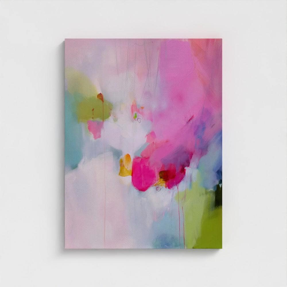 Large colorful abstract art print on stretched canvas, gallery-wrapped and ready to hang. Perfect for vibrant wall decor in homes, modern offices, and staging projects. Giclée canvas print featuring bold brushstrokes, expressive color, and modern statement style. Muted Modern Canvas Art Vertical Abstract Painting in Pink Green Soft Contemporary Wall Decor for Bedroom or Office | 425