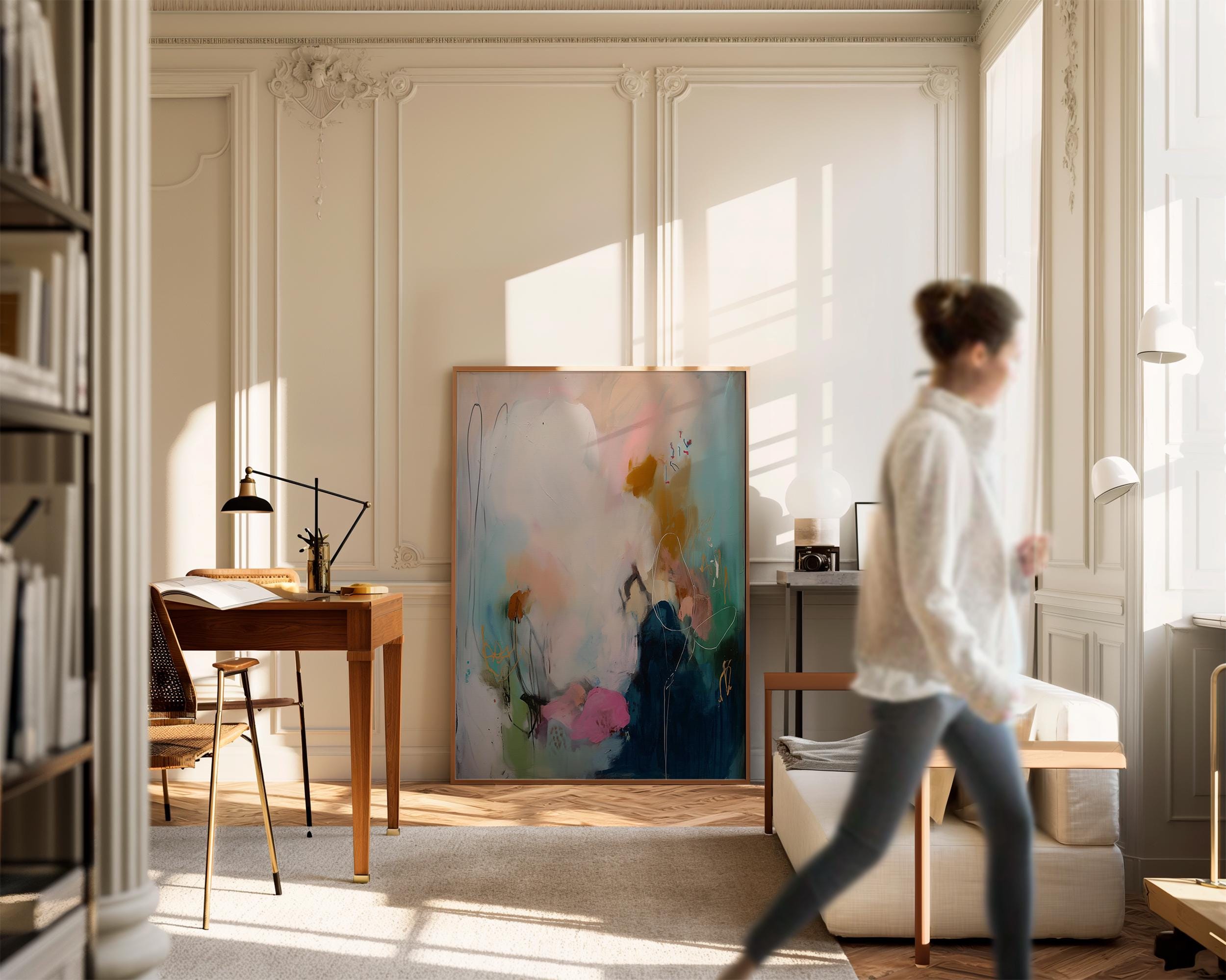 Soft Contemporary Framed Wall Art Vertical Abstract Canvas Giclée Print in Teal Pink Gold Modern Art for Office or Bedroom Decor | 427