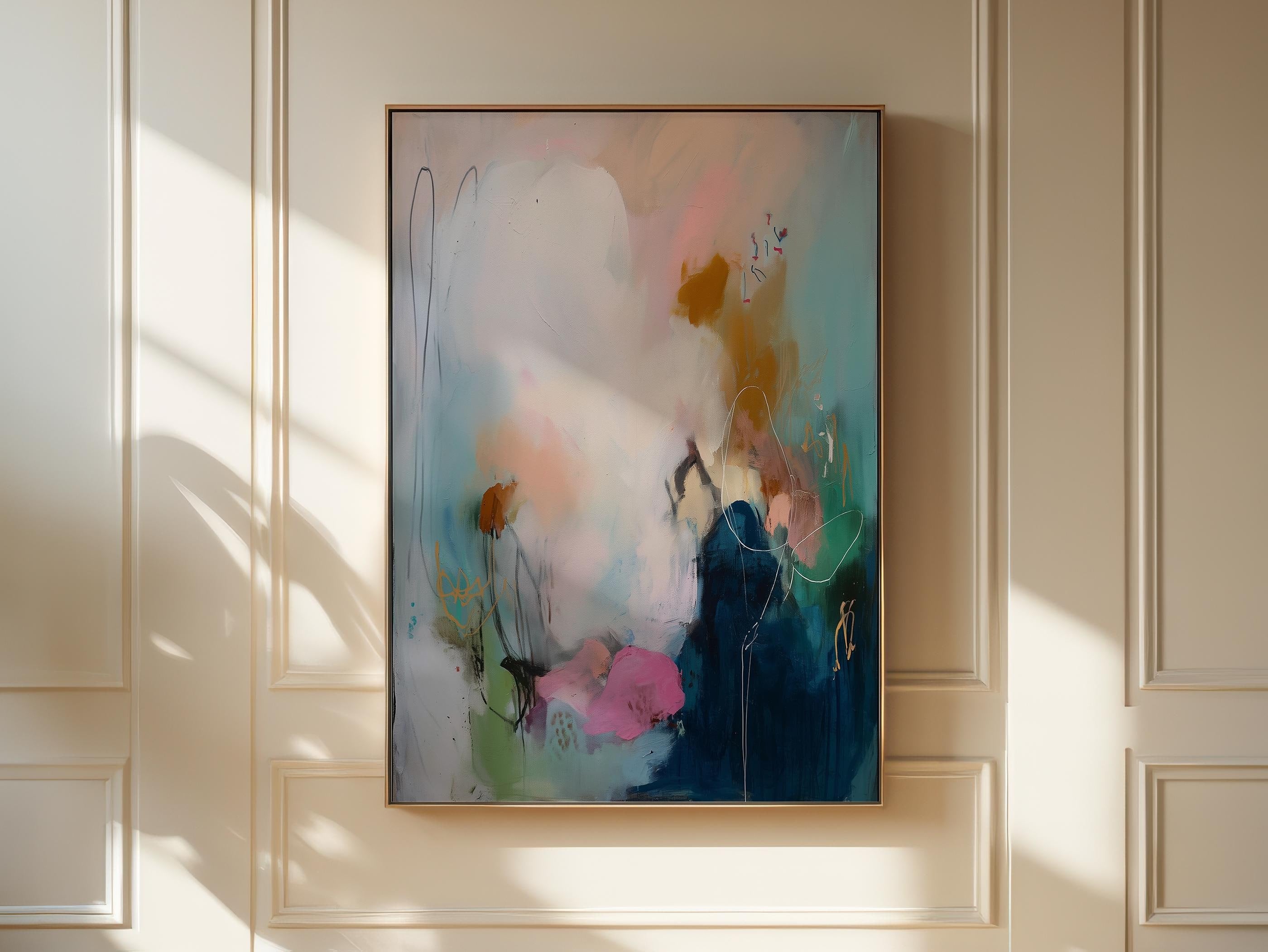 Soft Contemporary Framed Wall Art Vertical Abstract Canvas Giclée Print in Teal Pink Gold Modern Art for Office or Bedroom Decor | 427