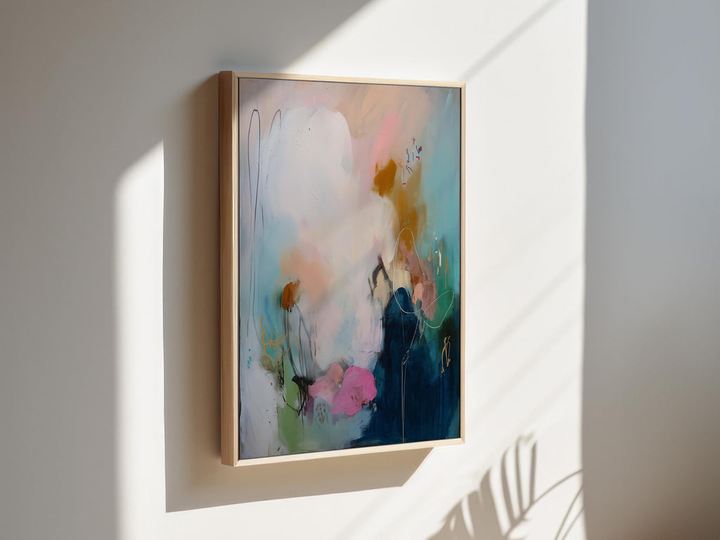 Soft Contemporary Framed Wall Art Vertical Abstract Canvas Giclée Print in Teal Pink Gold Modern Art for Office or Bedroom Decor | 427