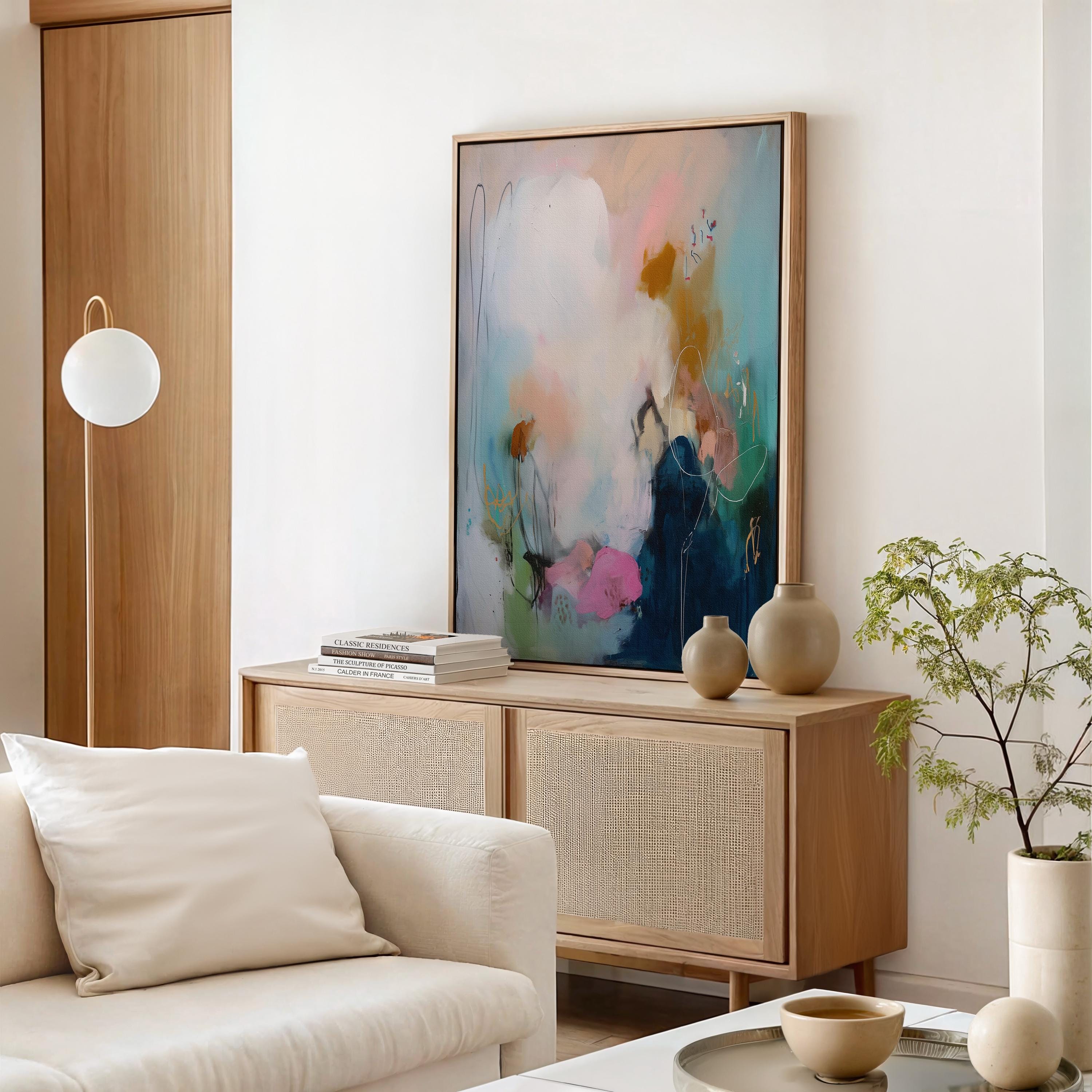 Soft Contemporary Framed Wall Art Vertical Abstract Canvas Giclée Print in Teal Pink Gold Modern Art for Office or Bedroom Decor | 427