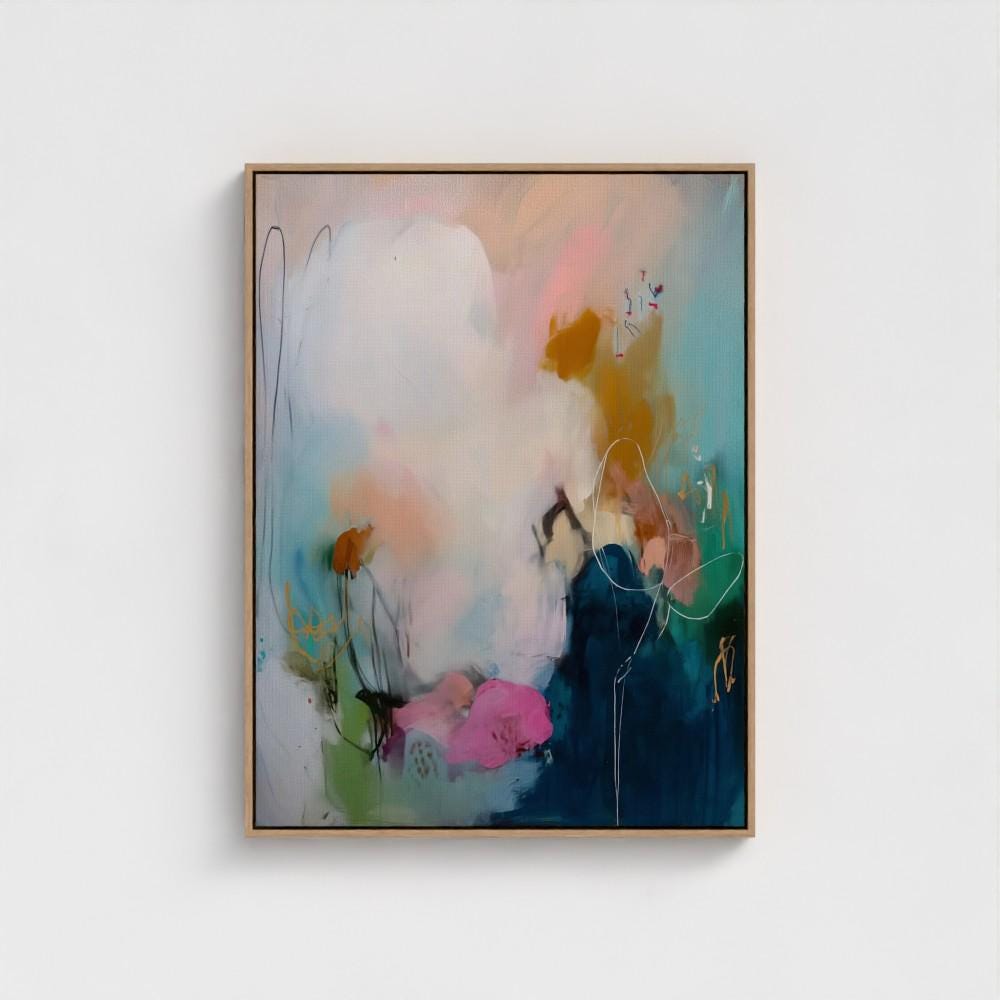 Soft Contemporary Framed Wall Art Vertical Abstract Canvas Giclée Print in Teal Pink Gold Modern Art for Office or Bedroom Decor | 427
