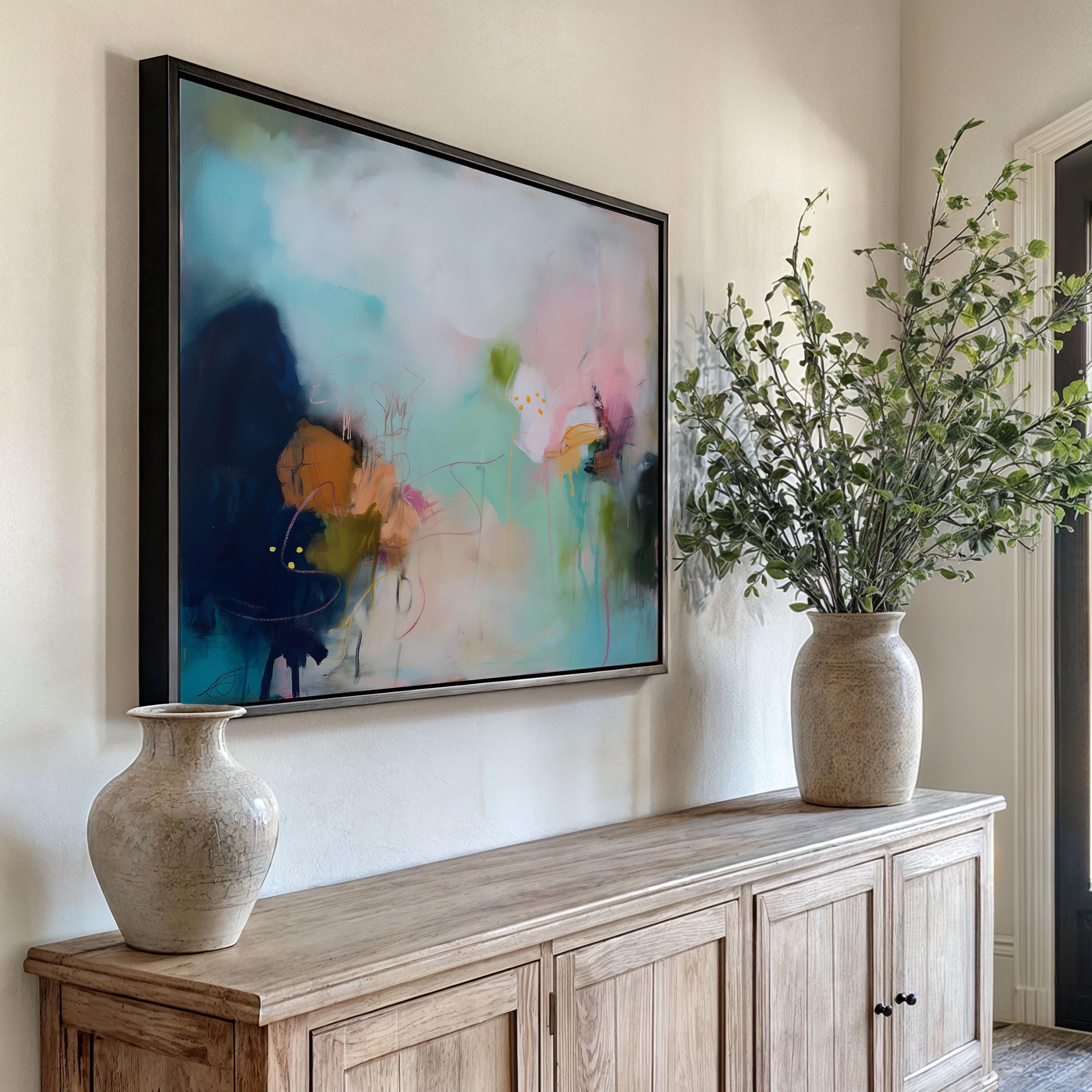Horizontal teal green abstract framed wall art by Muse Studio, Tide Pools 428. Coastal-inspired modern artwork with layered aqua, seafoam, and deep teal movement printed with museum-grade giclée inks on premium gallery-wrapped artist canvas, styled for beach houses, offices, and serene living rooms.