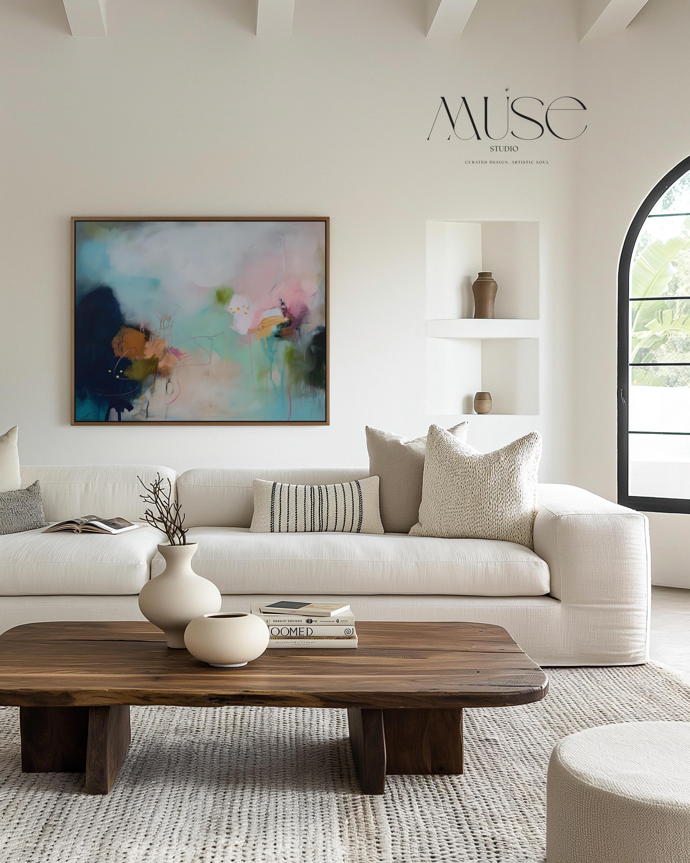 Horizontal teal green abstract framed wall art by Muse Studio, Tide Pools 428. Coastal-inspired modern artwork with layered aqua, seafoam, and deep teal movement printed with museum-grade giclée inks on premium gallery-wrapped artist canvas, styled for beach houses, offices, and serene living rooms.