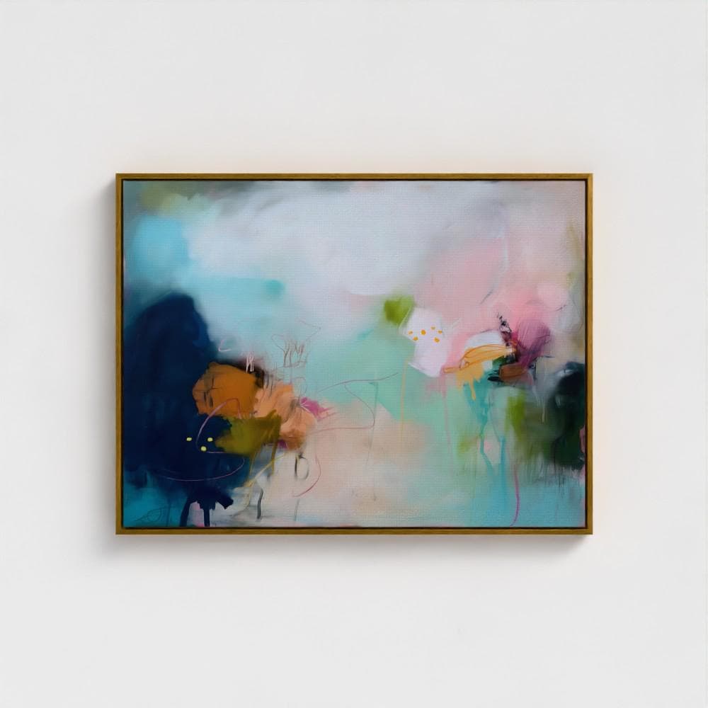 Horizontal teal green abstract framed wall art by Muse Studio, Tide Pools 428. Coastal-inspired modern artwork with layered aqua, seafoam, and deep teal movement printed with museum-grade giclée inks on premium gallery-wrapped artist canvas, styled for beach houses, offices, and serene living rooms.