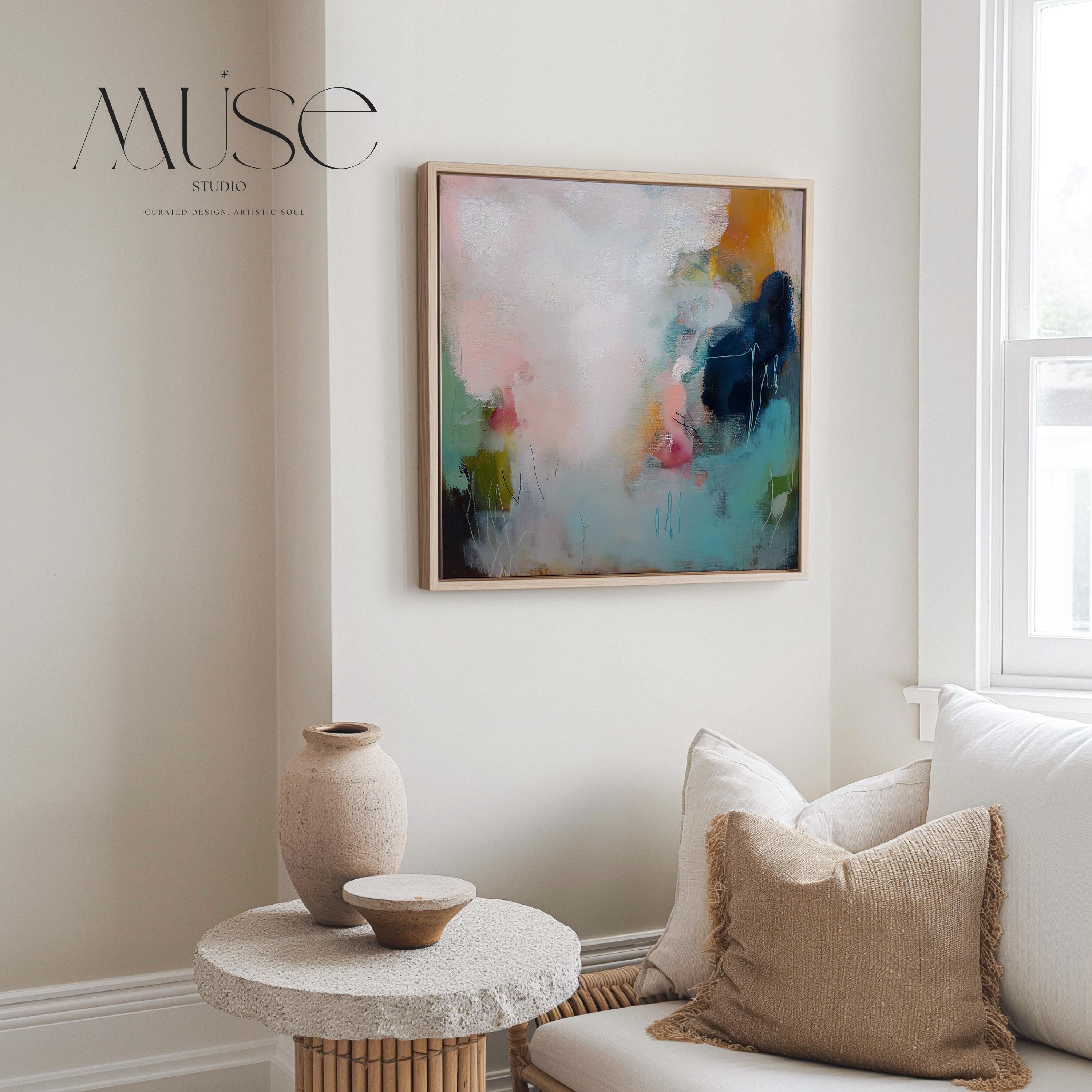 Muted Modern Framed Wall Art Square Abstract Canvas Giclée Print in Teal Pink Cream Soft Minimalist Decor for Bedroom or Office | 429