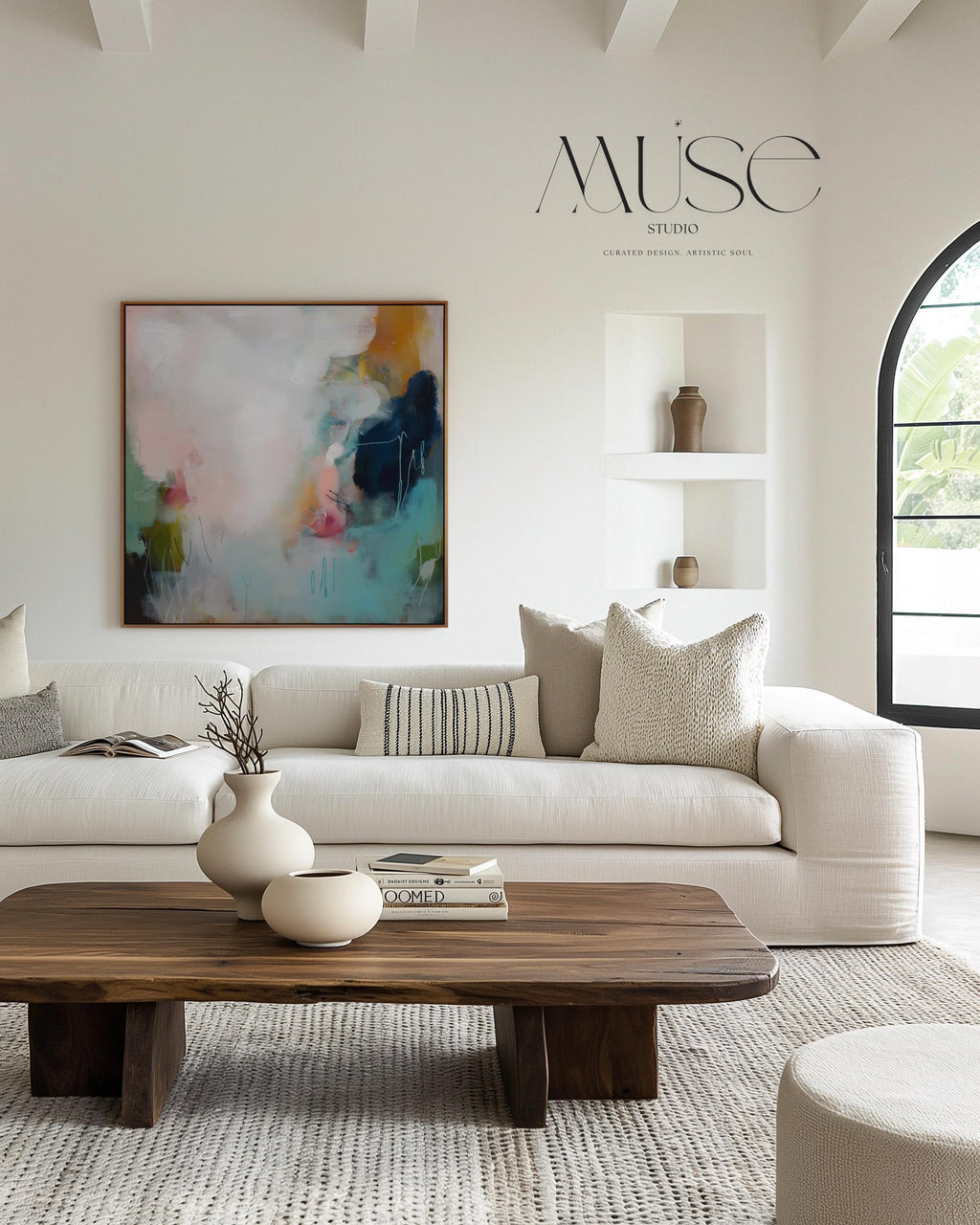 Muted Modern Framed Wall Art Square Abstract Canvas Giclée Print in Teal Pink Cream Soft Minimalist Decor for Bedroom or Office | 429