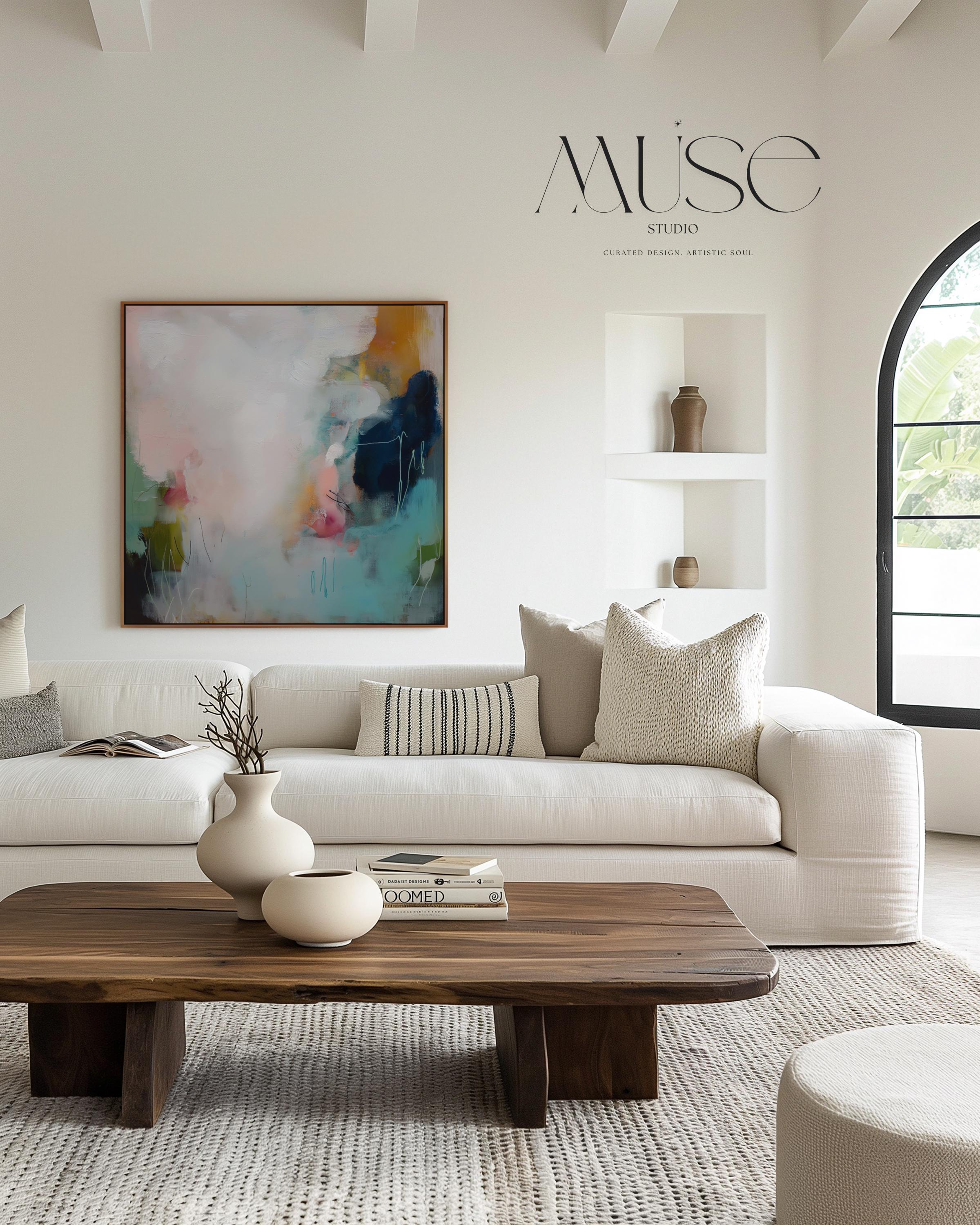 Muted Modern Framed Wall Art Square Abstract Canvas Giclée Print in Teal Pink Cream Soft Minimalist Decor for Bedroom or Office | 429