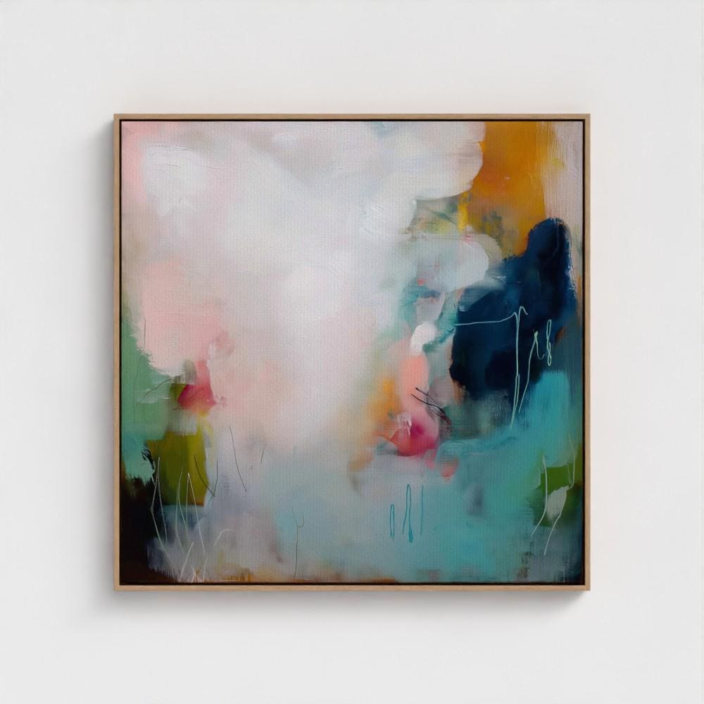 Muted Modern Framed Wall Art Square Abstract Canvas Giclée Print in Teal Pink Cream Soft Minimalist Decor for Bedroom or Office | 429