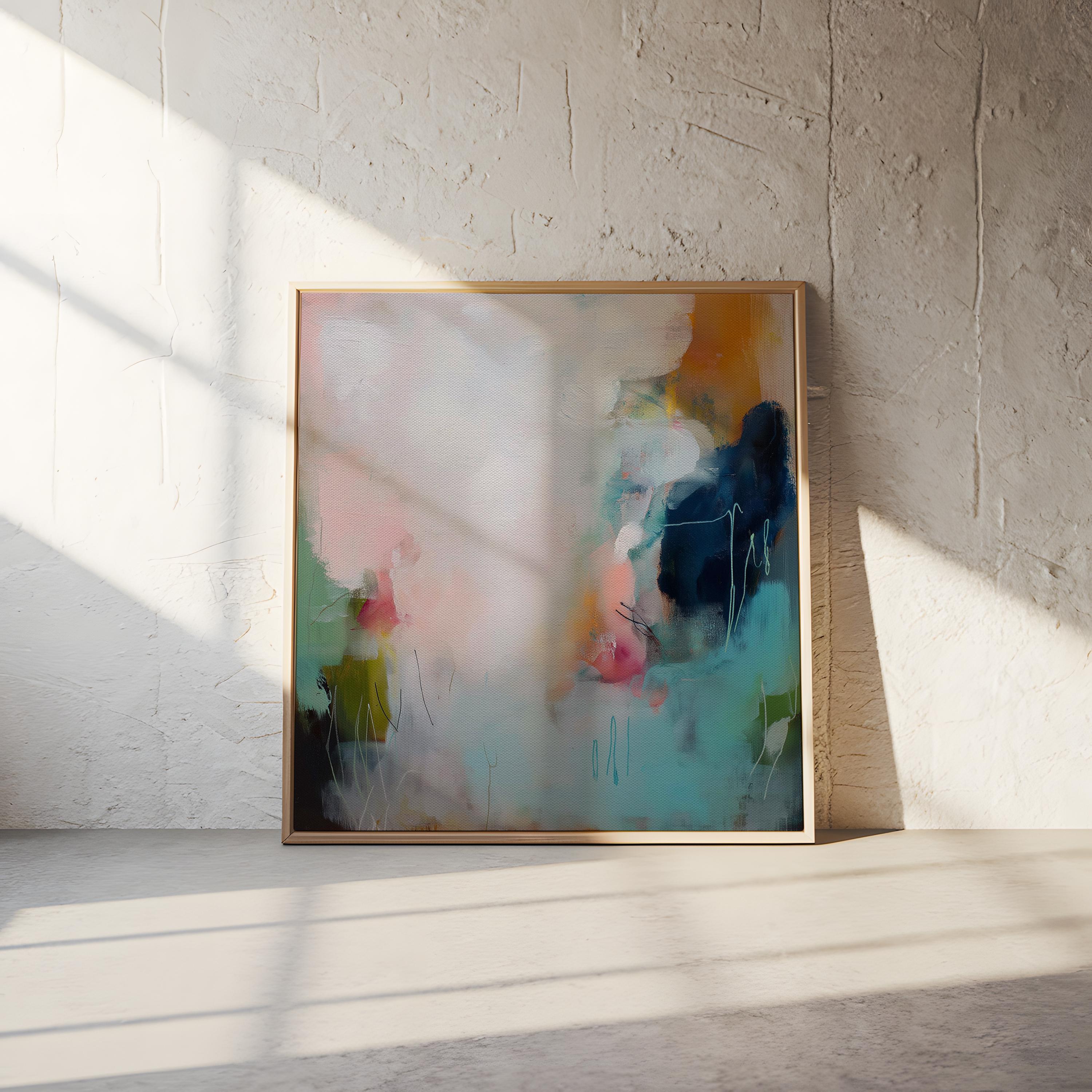 Muted Modern Framed Wall Art Square Abstract Canvas Giclée Print in Teal Pink Cream Soft Minimalist Decor for Bedroom or Office | 429