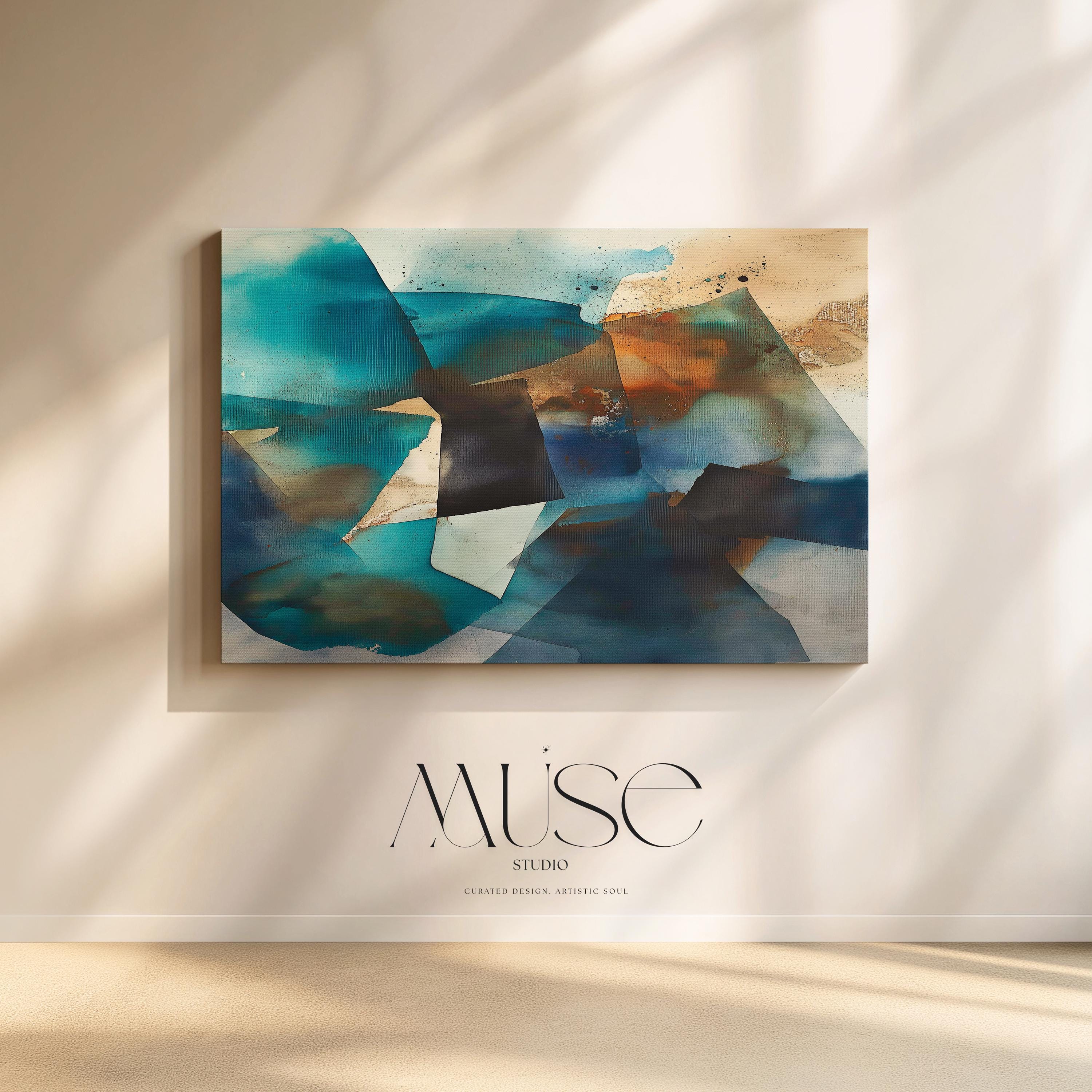 Coastal Abstract Wall Art in Teal and Sand, Large Horizontal Canvas Painting for Living Room or Office, Modern Framed Ocean Decor Art 347