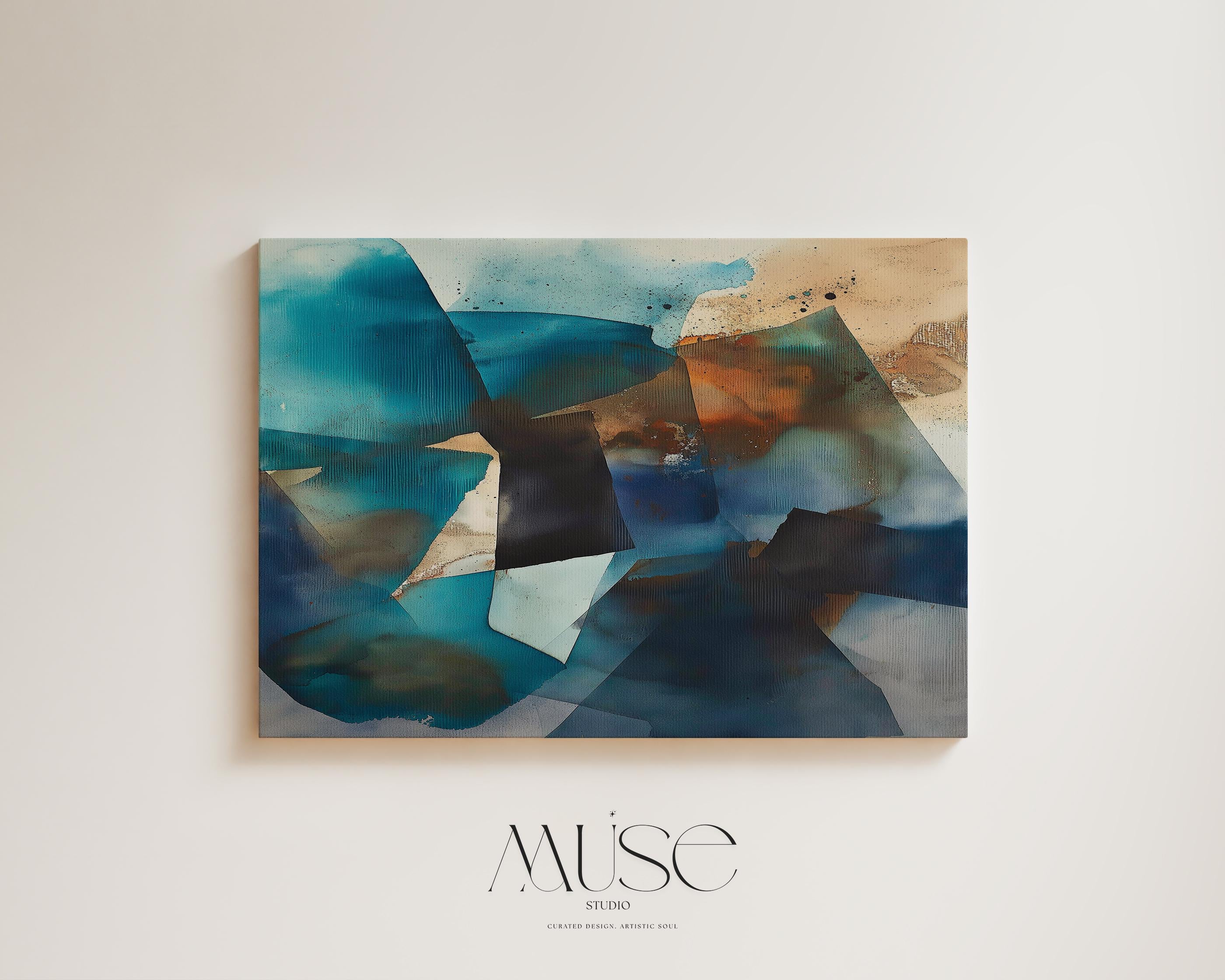 Coastal abstract wall art in teal and sand tones, painted in a horizontal layout. Ocean-inspired modern canvas decor perfect for living rooms, offices, or beach houses. Available as a framed or gallery-wrapped canvas for contemporary interiors.