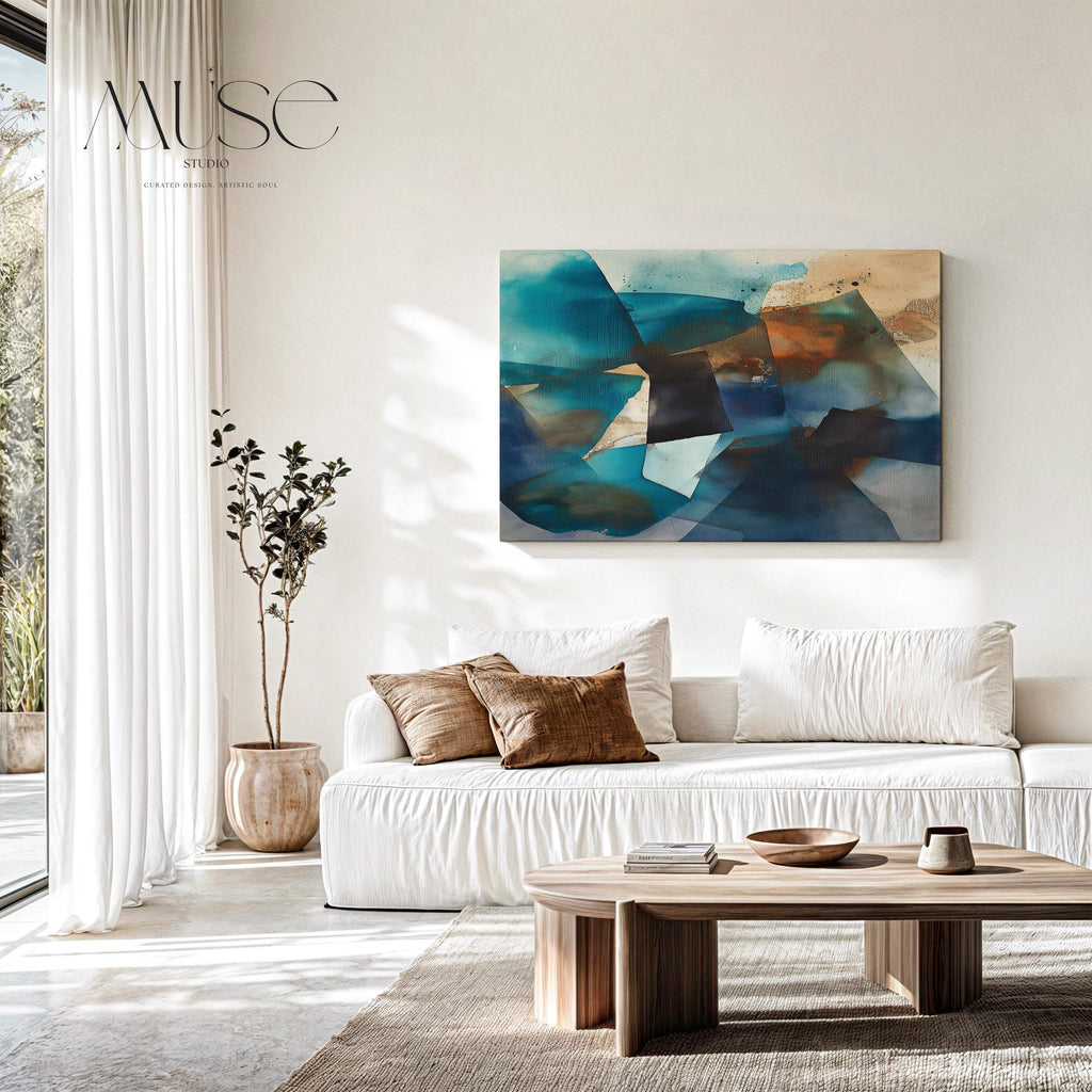 Coastal abstract wall art in teal and sand tones, painted in a horizontal layout. Ocean-inspired modern canvas decor perfect for living rooms, offices, or beach houses. Available as a framed or gallery-wrapped canvas for contemporary interiors.