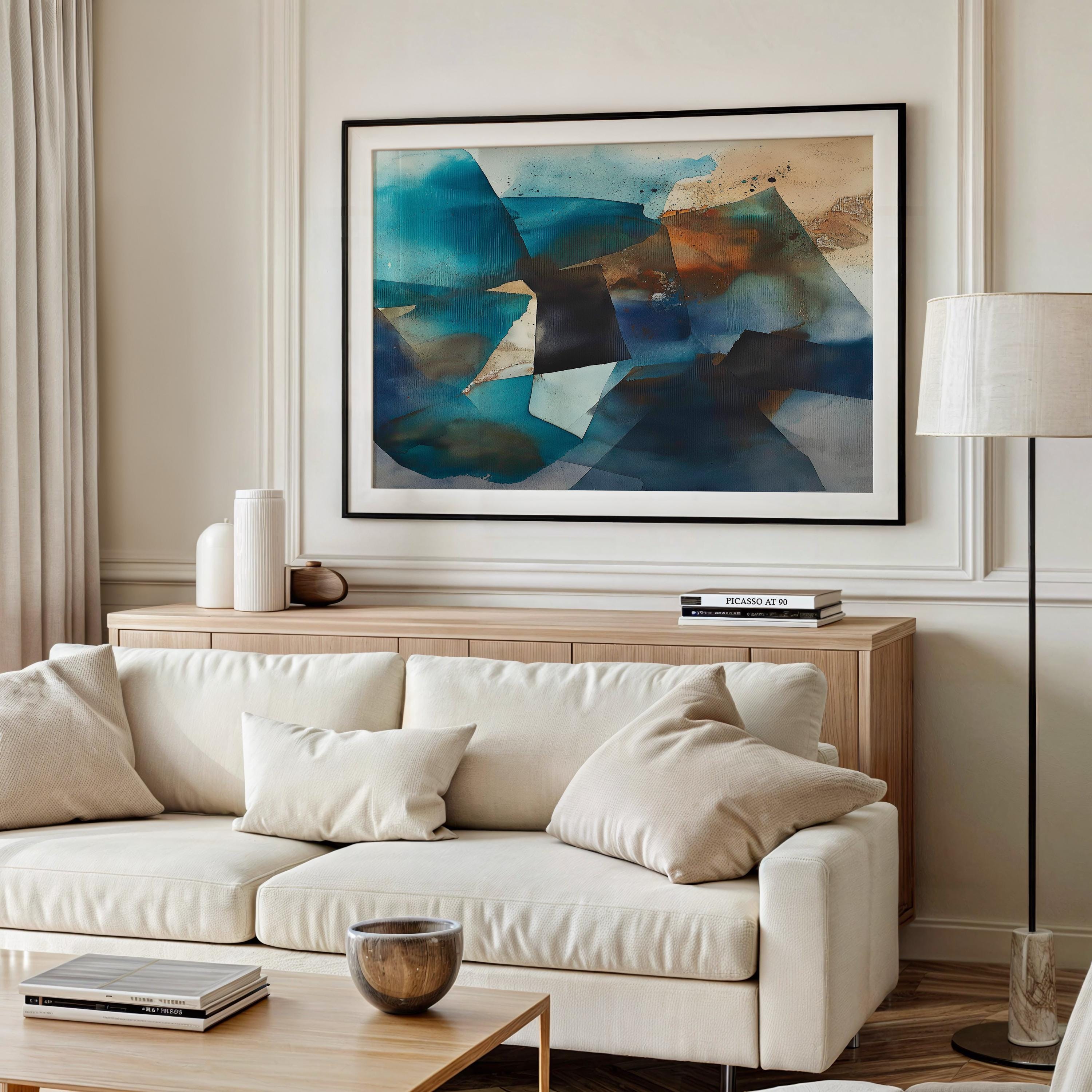 Coastal Abstract Poster Print in Ocean Teal and Earthy Tones, Large Horizontal Wall Art for Modern Decor, Fine Art Print Unframed 347