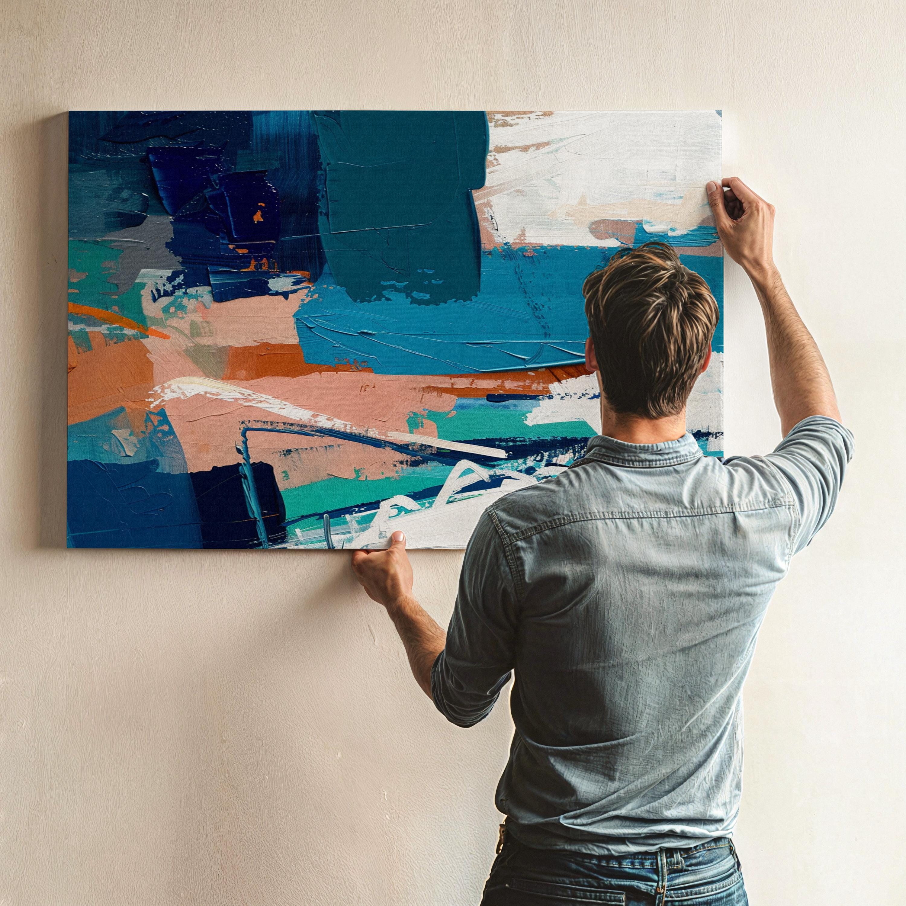 Large Abstract Canvas Wall Art in Teal and Terracotta, Horizontal Framed Artwork for Living Room Decor, Modern Statement Painting 350