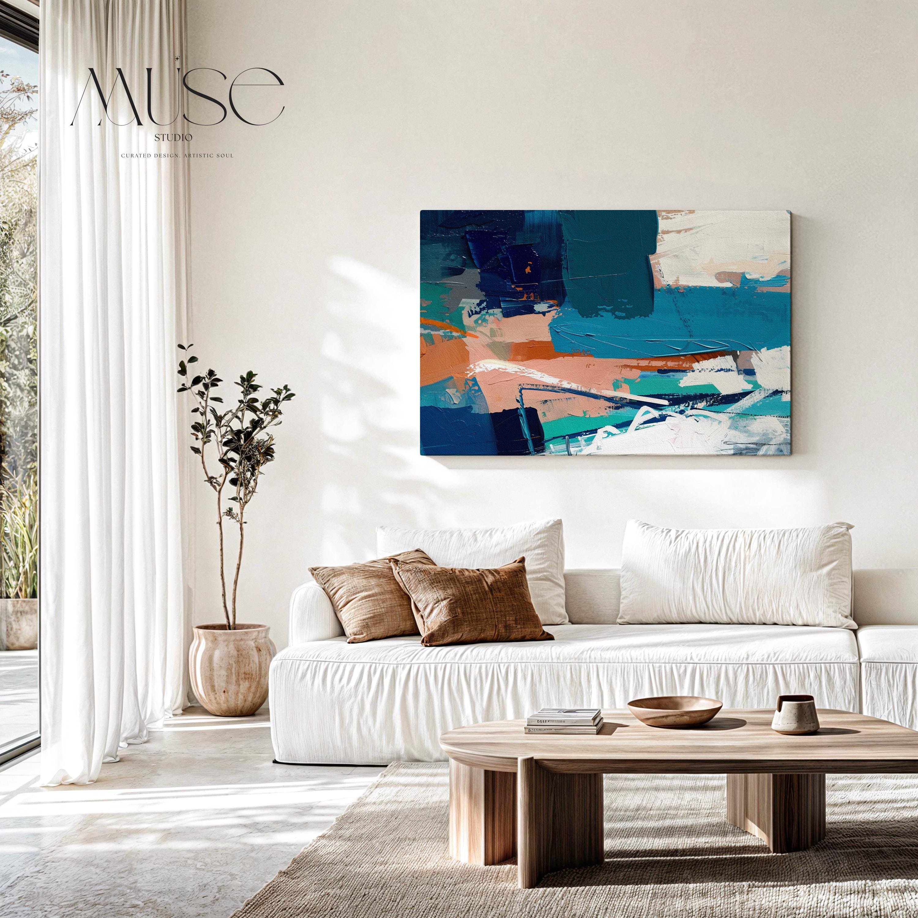 Large Abstract Canvas Wall Art in Teal and Terracotta, Horizontal Framed Artwork for Living Room Decor, Modern Statement Painting 350 Stretched Canvas Art Large abstract wall decor on stretched canvas, gallery-wrapped and ready to hang. Perfect for colorful wall art in living rooms, office spaces, and design projects. Giclée canvas print with bold brushwork and vibrant modern style for impactful home decor. Muse Studio Decor Art.