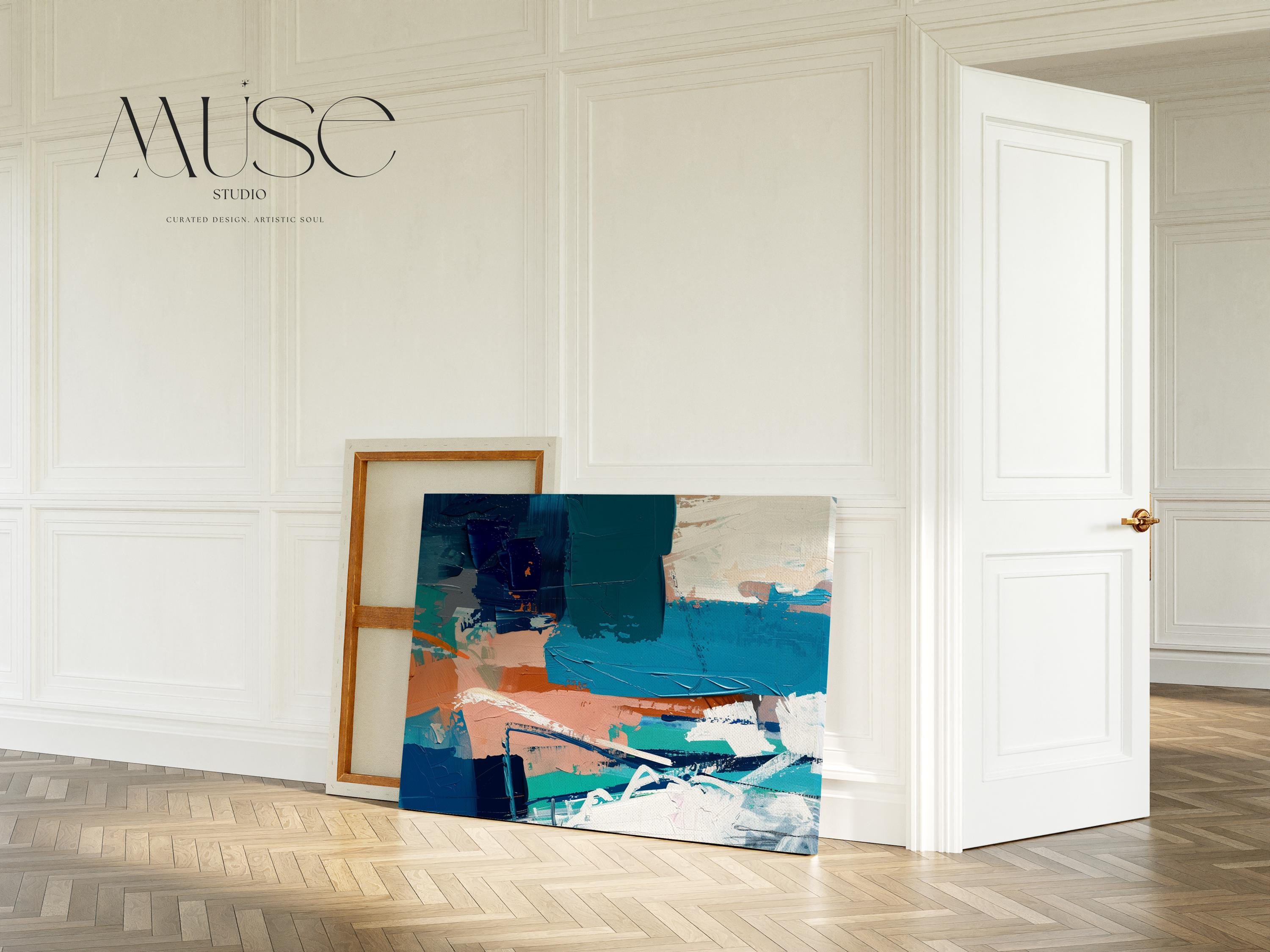 Large Abstract Canvas Wall Art in Teal and Terracotta, Horizontal Framed Artwork for Living Room Decor, Modern Statement Painting 350 Stretched Canvas Art Large abstract wall decor on stretched canvas, gallery-wrapped and ready to hang. Perfect for colorful wall art in living rooms, office spaces, and design projects. Giclée canvas print with bold brushwork and vibrant modern style for impactful home decor. Muse Studio Decor Art.