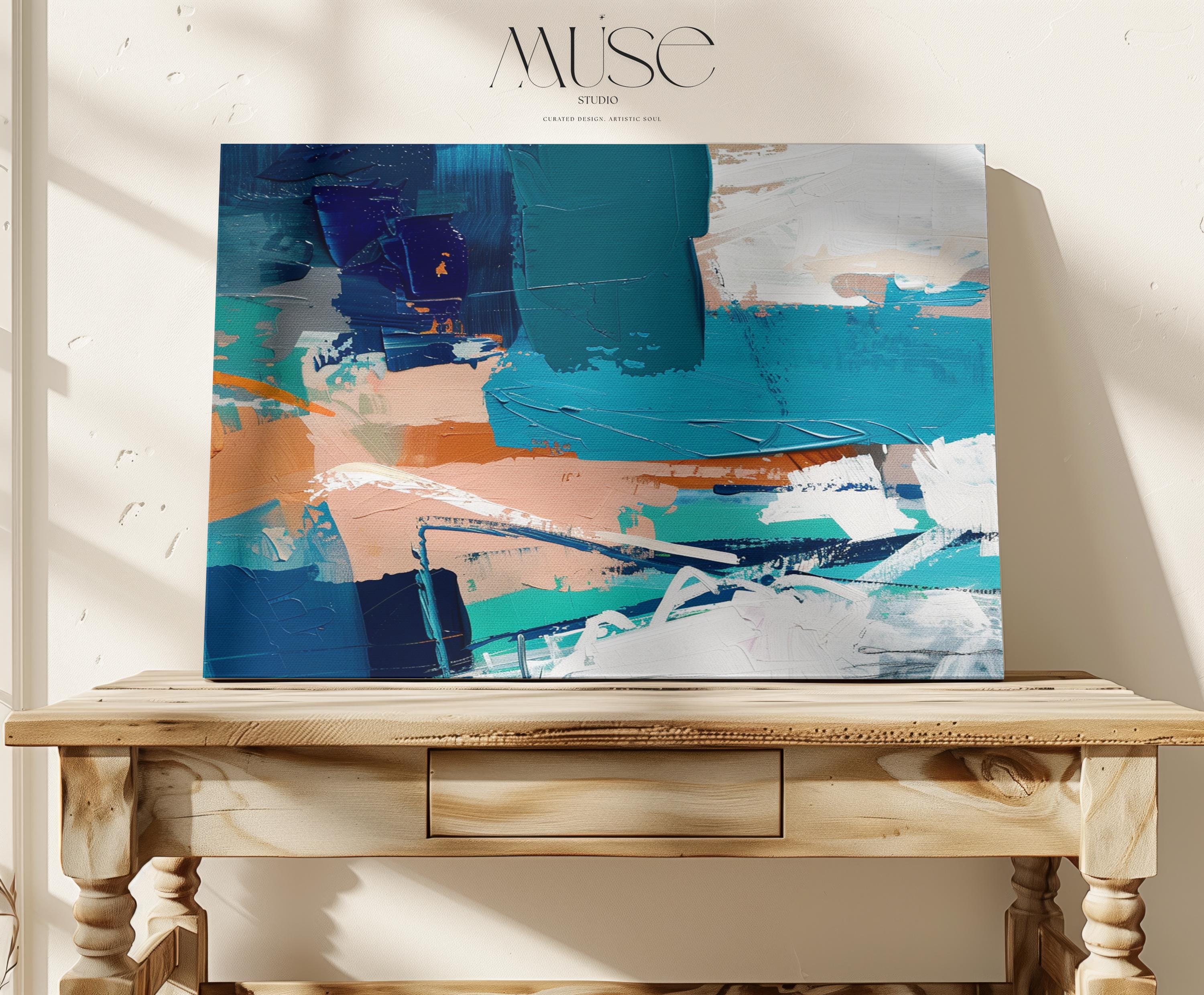Large Abstract Canvas Wall Art in Teal and Terracotta, Horizontal Framed Artwork for Living Room Decor, Modern Statement Painting 350 Stretched Canvas Art Large abstract wall decor on stretched canvas, gallery-wrapped and ready to hang. Perfect for colorful wall art in living rooms, office spaces, and design projects. Giclée canvas print with bold brushwork and vibrant modern style for impactful home decor. Muse Studio Decor Art.
