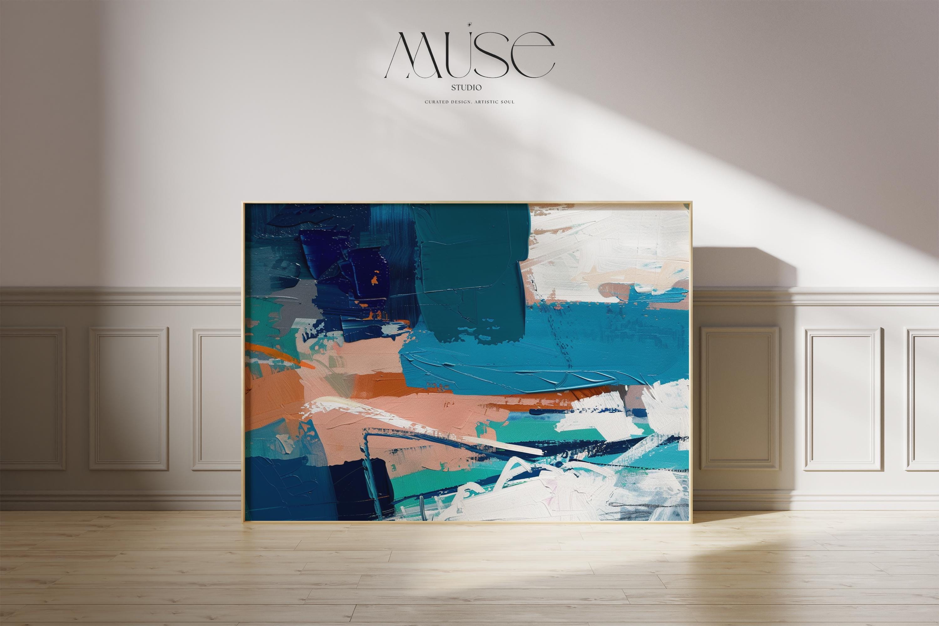 Fine Art Poster Print in Teal and Rust, Horizontal Abstract Wall Art for Contemporary Home Decor, Unframed Large Print Design 350