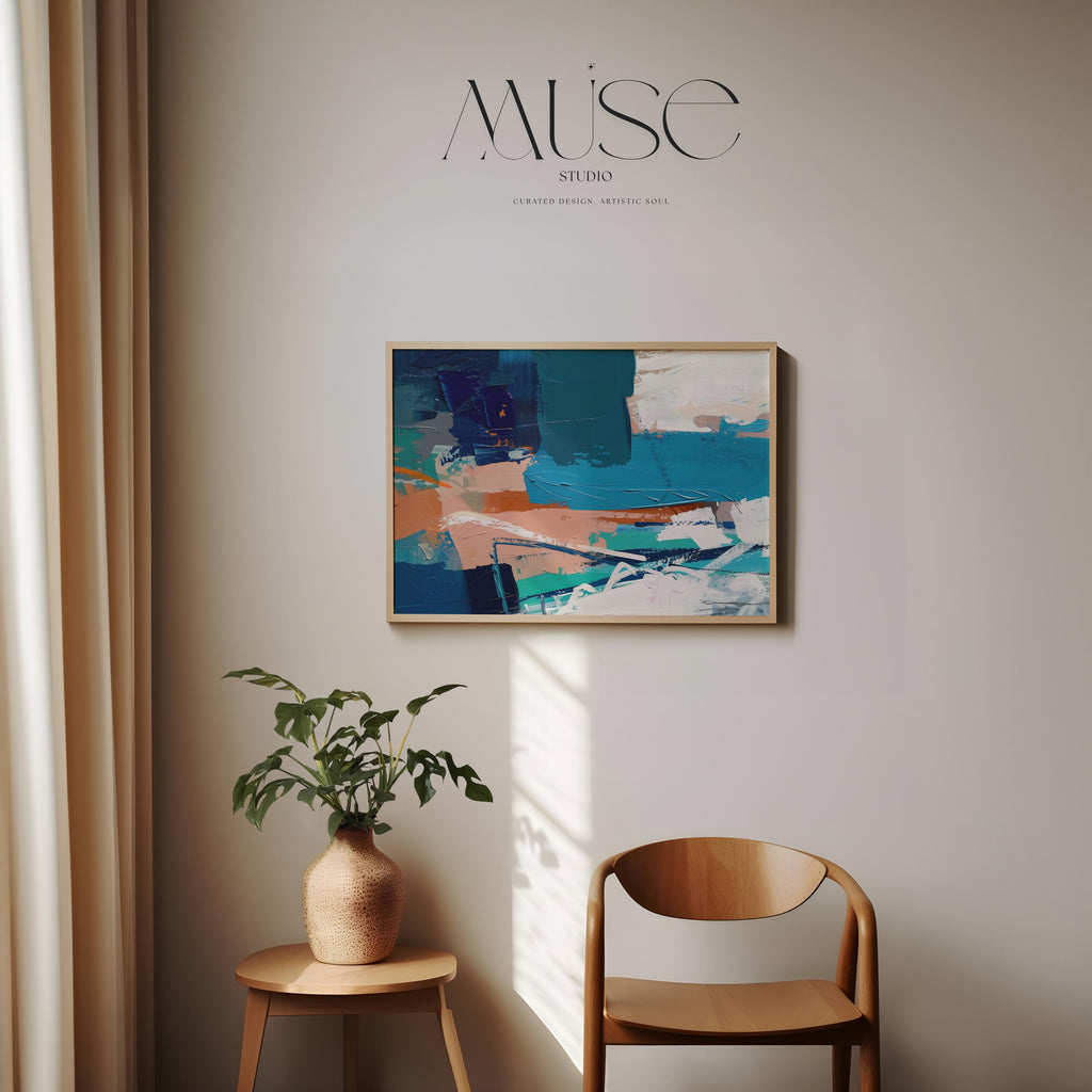 Fine Art Poster Print in Teal and Rust, Horizontal Abstract Wall Art for Contemporary Home Decor, Unframed Large Print Design 350