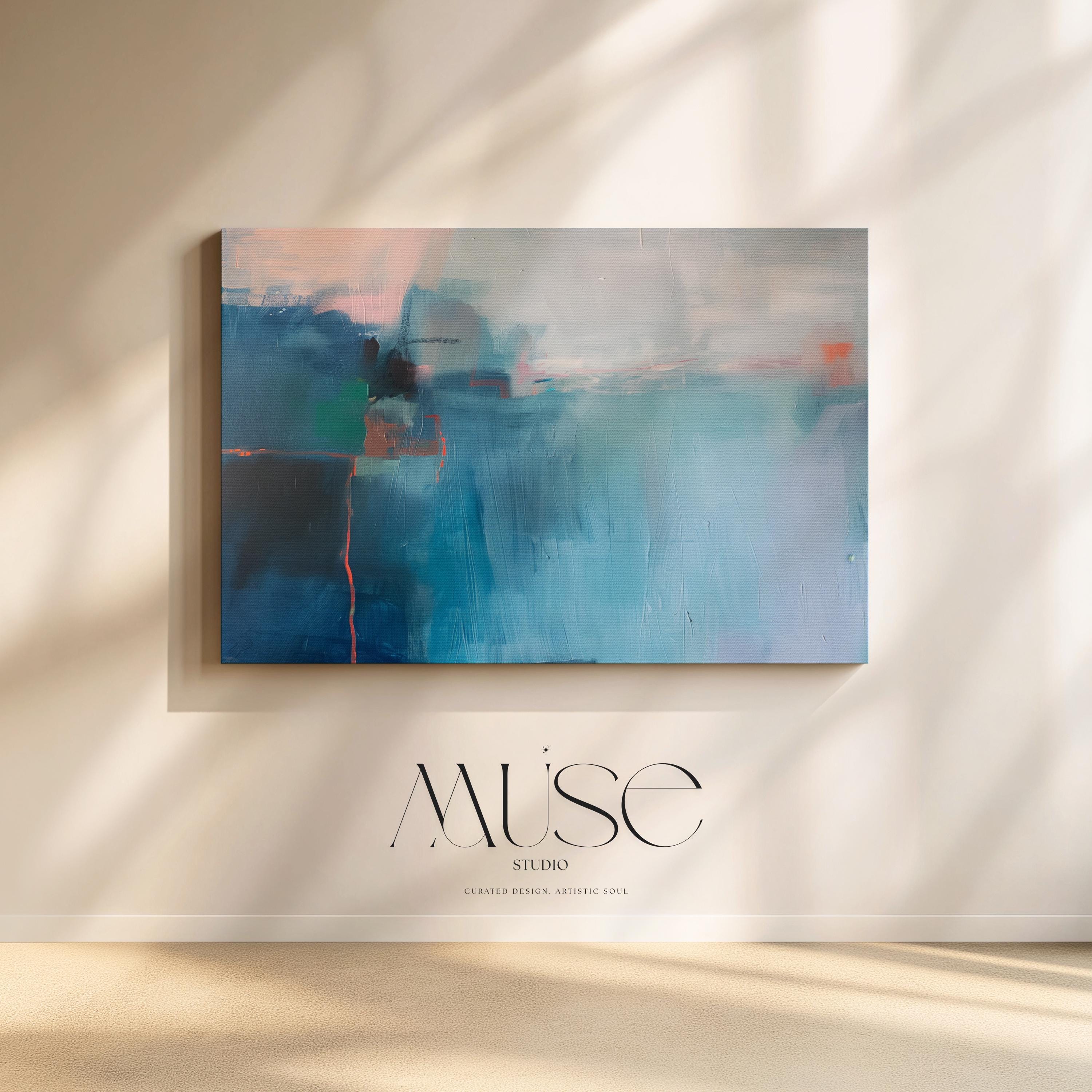 Coastal Blue Horizontal Canvas Wall Art, Large Framed Abstract Painting for Living Room Decor, Soft Textured Ocean Tones Artwork 402 Stretched Canvas Art Large abstract wall decor on stretched canvas, gallery-wrapped and ready to hang. Perfect for colorful wall art in living rooms, office spaces, and design projects. Giclée canvas print with bold brushwork and vibrant modern style for impactful home decor. Muse Studio Decor Art.