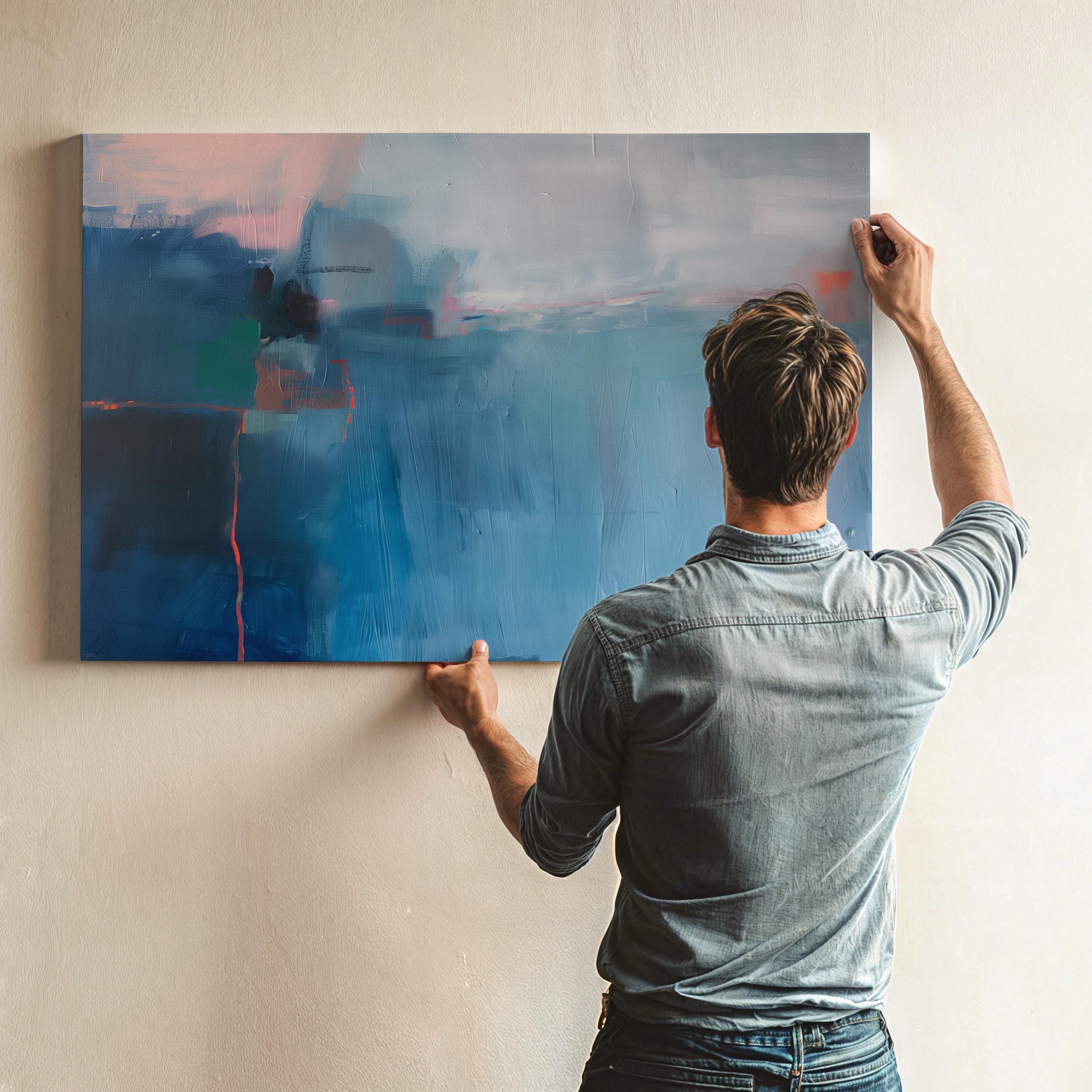 Coastal Blue Horizontal Canvas Wall Art, Large Framed Abstract Painting for Living Room Decor, Soft Textured Ocean Tones Artwork 402 Stretched Canvas Art Large abstract wall decor on stretched canvas, gallery-wrapped and ready to hang. Perfect for colorful wall art in living rooms, office spaces, and design projects. Giclée canvas print with bold brushwork and vibrant modern style for impactful home decor. Muse Studio Decor Art.